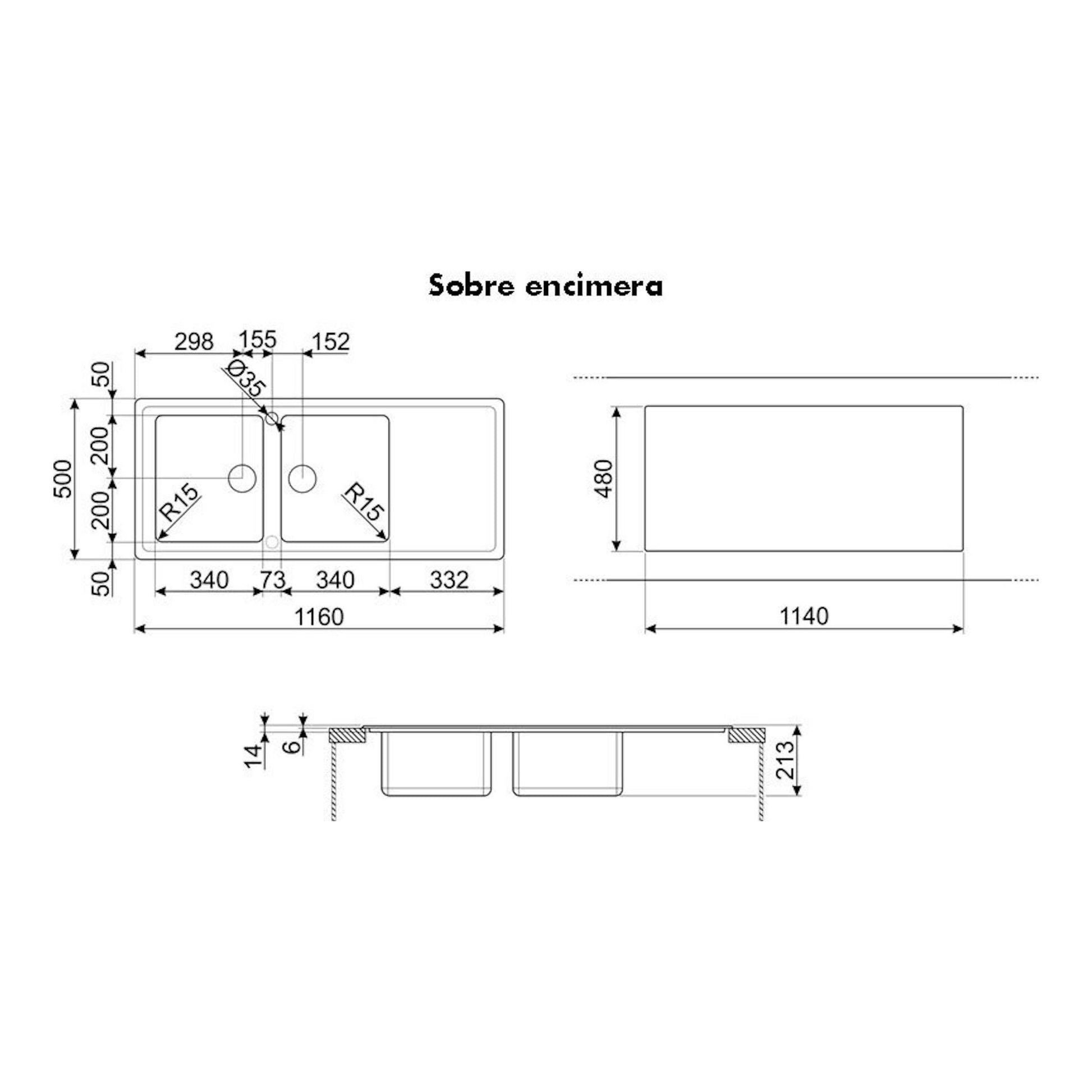 Plano técnico del fregadero Smeg LDR116-2 inox, vista superior y lateral, con doble cubeta.