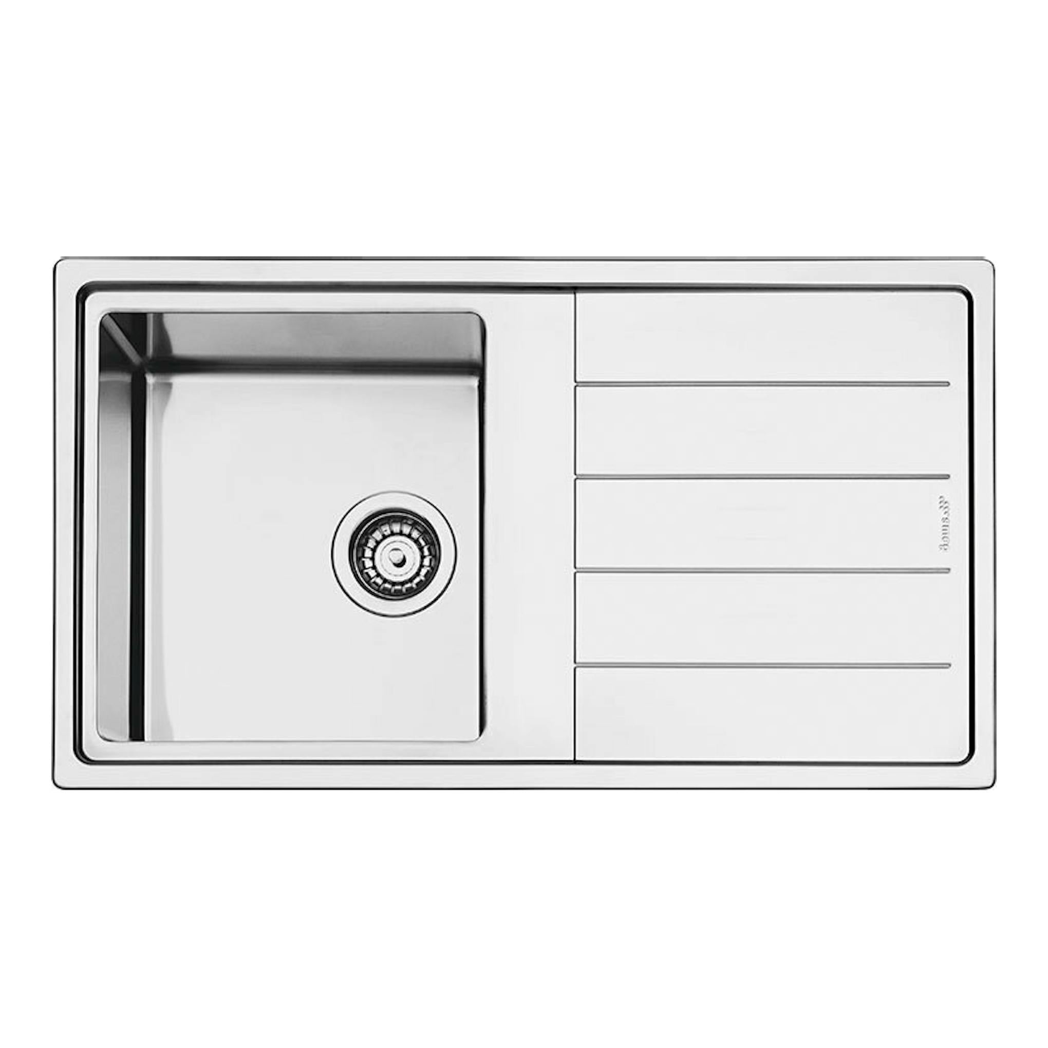 Fregadero Smeg LDR861-2 de acero inoxidable, vista superior, con cubeta izquierda y escurridor derecho.