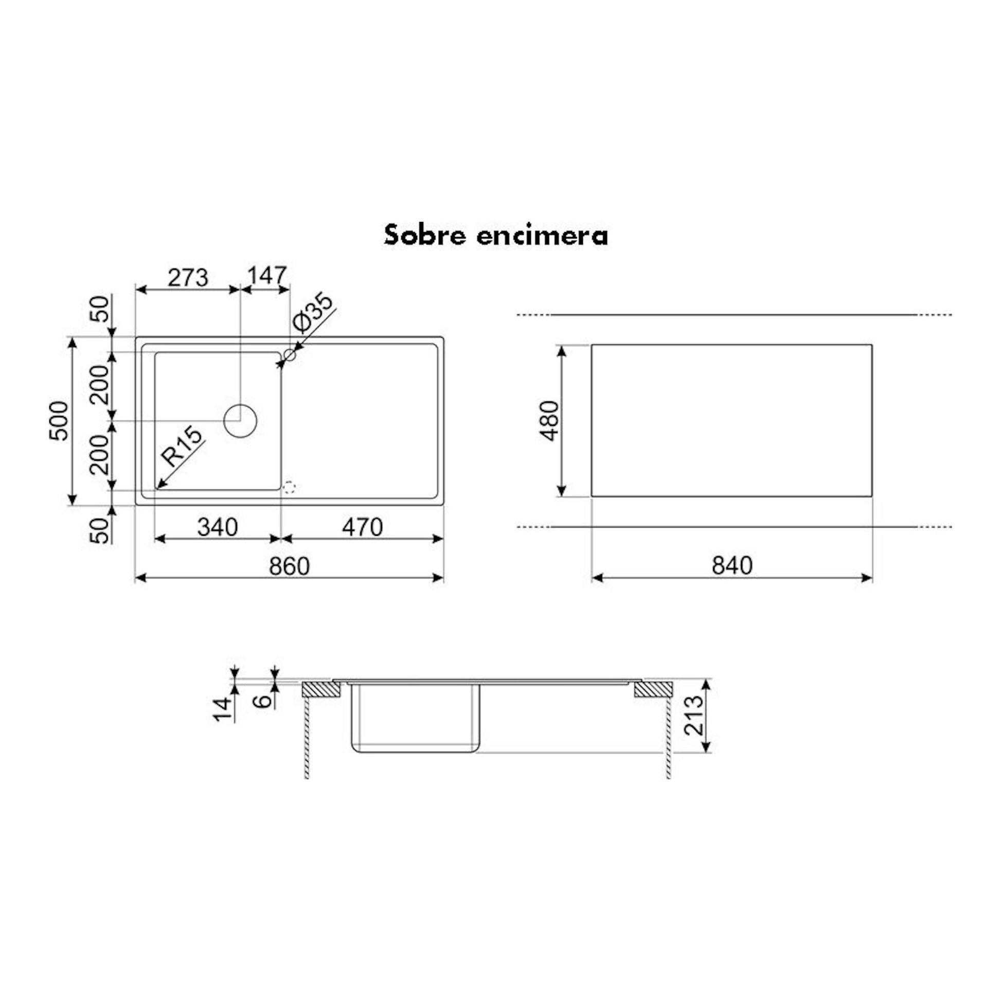 Smeg LDR861-2: plano técnico en blanco y negro de fregadero sobre encimera, vistas superior y lateral.