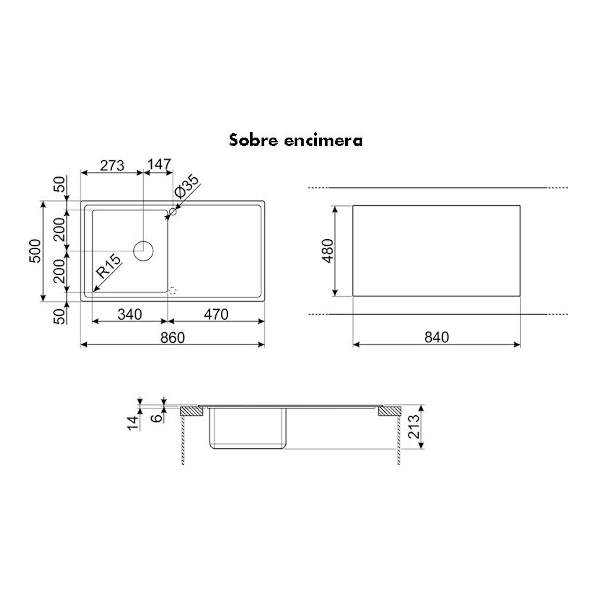 Smeg LDR861-2: plano técnico en blanco y negro de fregadero sobre encimera, vistas superior y lateral.
