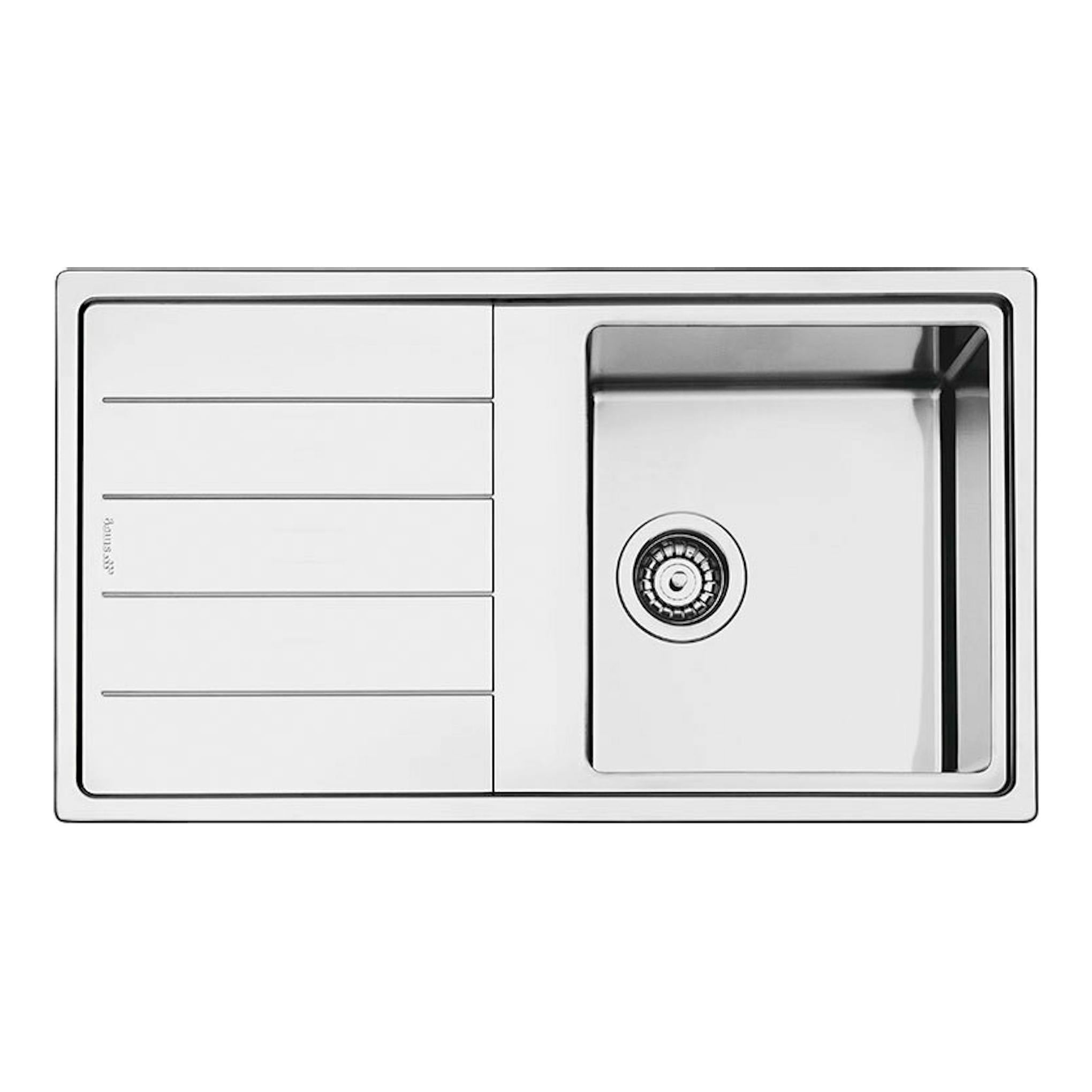 Fregadero Smeg LDR861-2 de acero inoxidable, vista cenital, con cubeta a la derecha y escurridor a la izquierda.