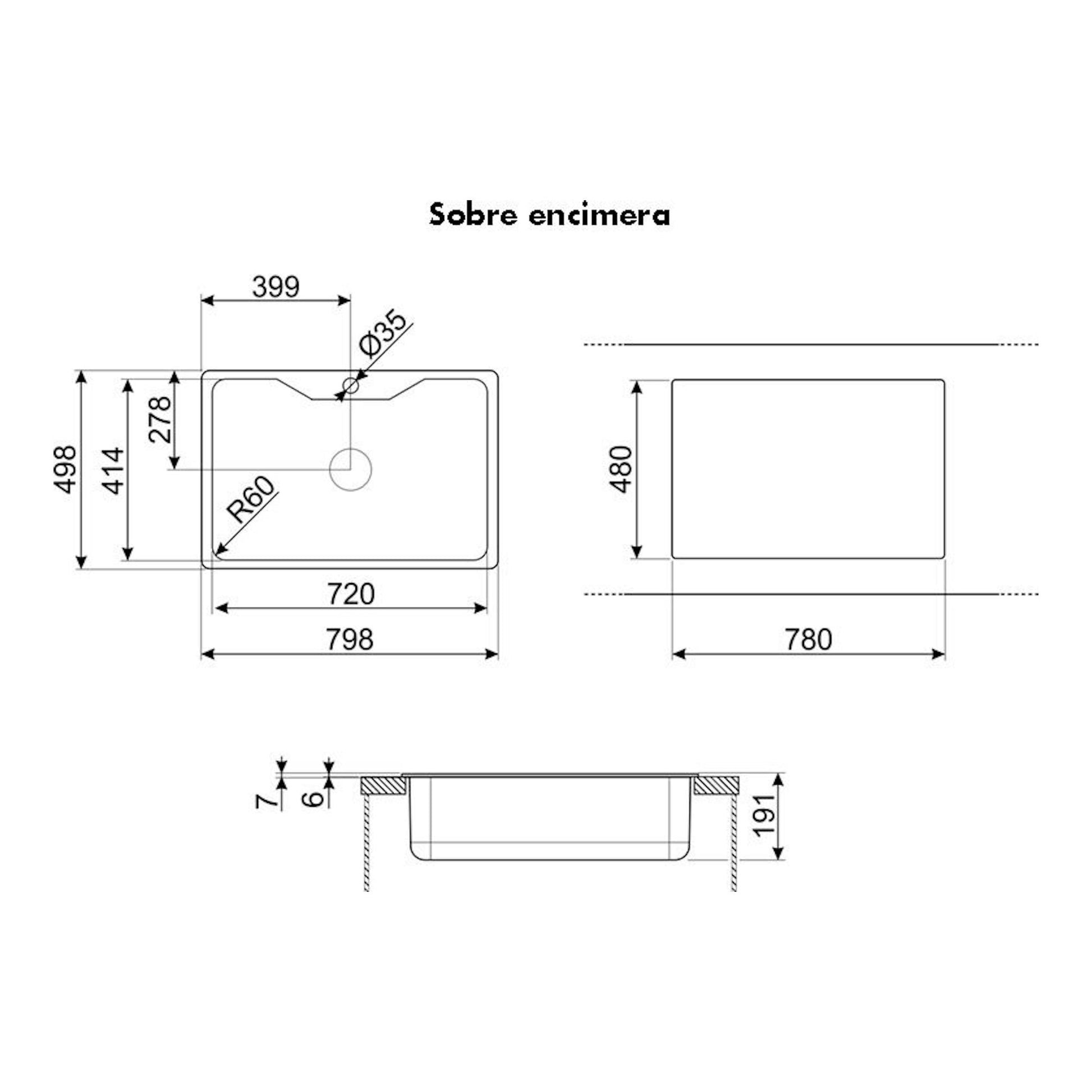 Plano técnico del fregadero Smeg LYG800, vista superior y sección, con medidas sobre encimera.