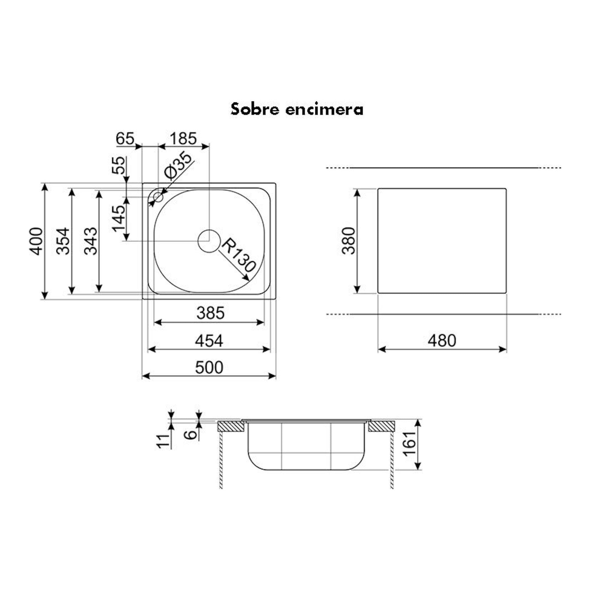 Plano técnico del fregadero Smeg LYP401 sobre encimera, vistas superior y lateral, con cotas.