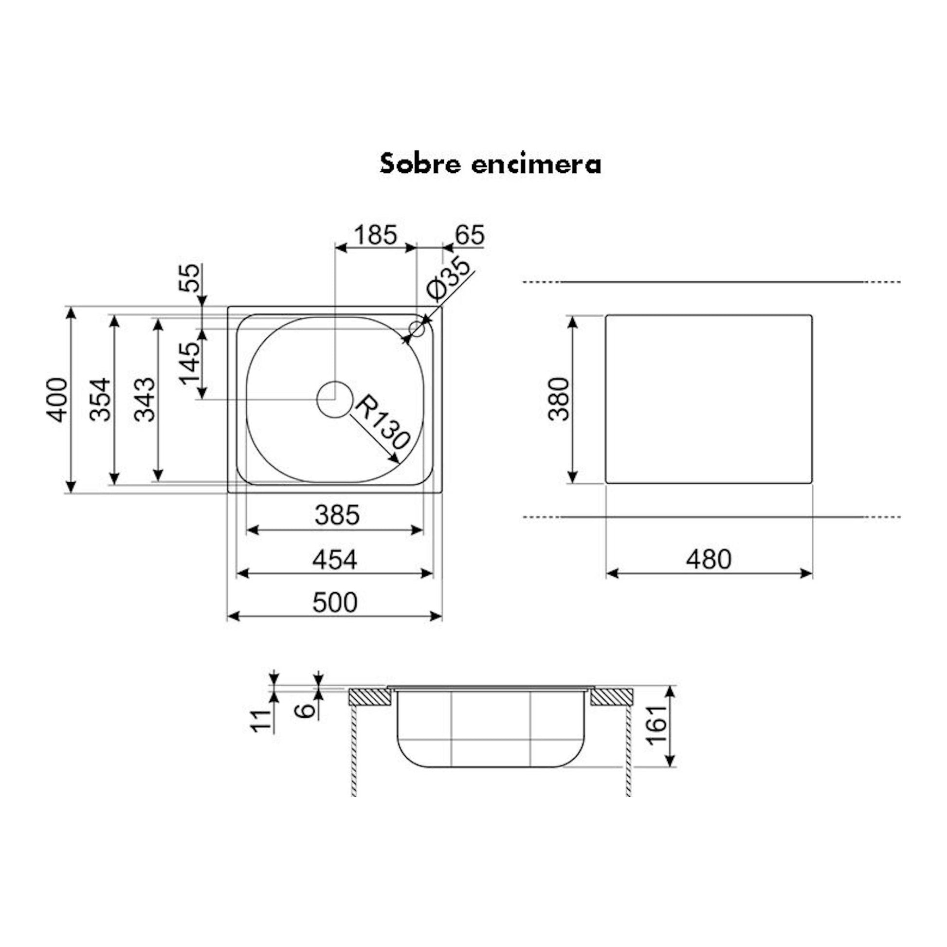 Plano técnico del fregadero Smeg LYP401FD, vistas superior y lateral, en blanco y negro.