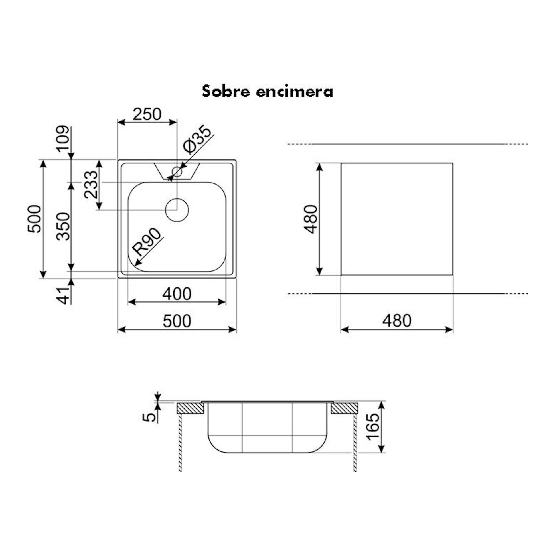 Plano técnico del fregadero Smeg LYP501 sobre encimera, vista superior y lateral con medidas.