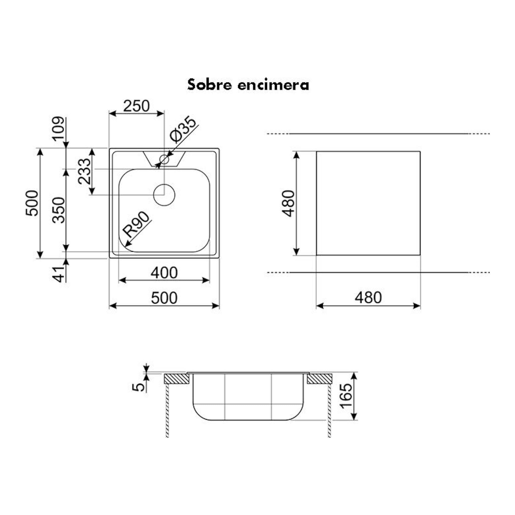 Plano técnico del fregadero Smeg LYP501 sobre encimera, vista superior y lateral con medidas.