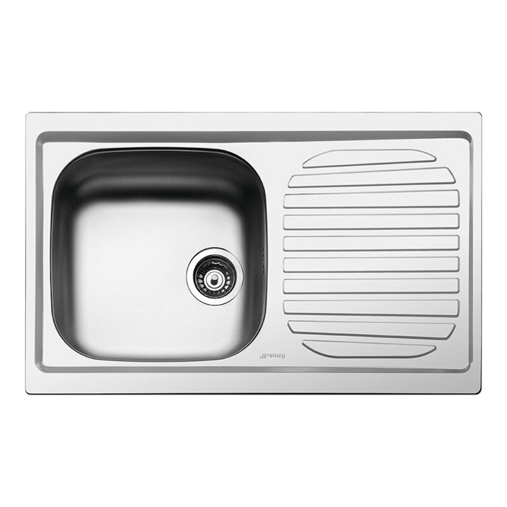 Smeg LYP791D: fregadero de inox visto desde arriba, con una cuba a la izquierda y escurridor a la derecha.