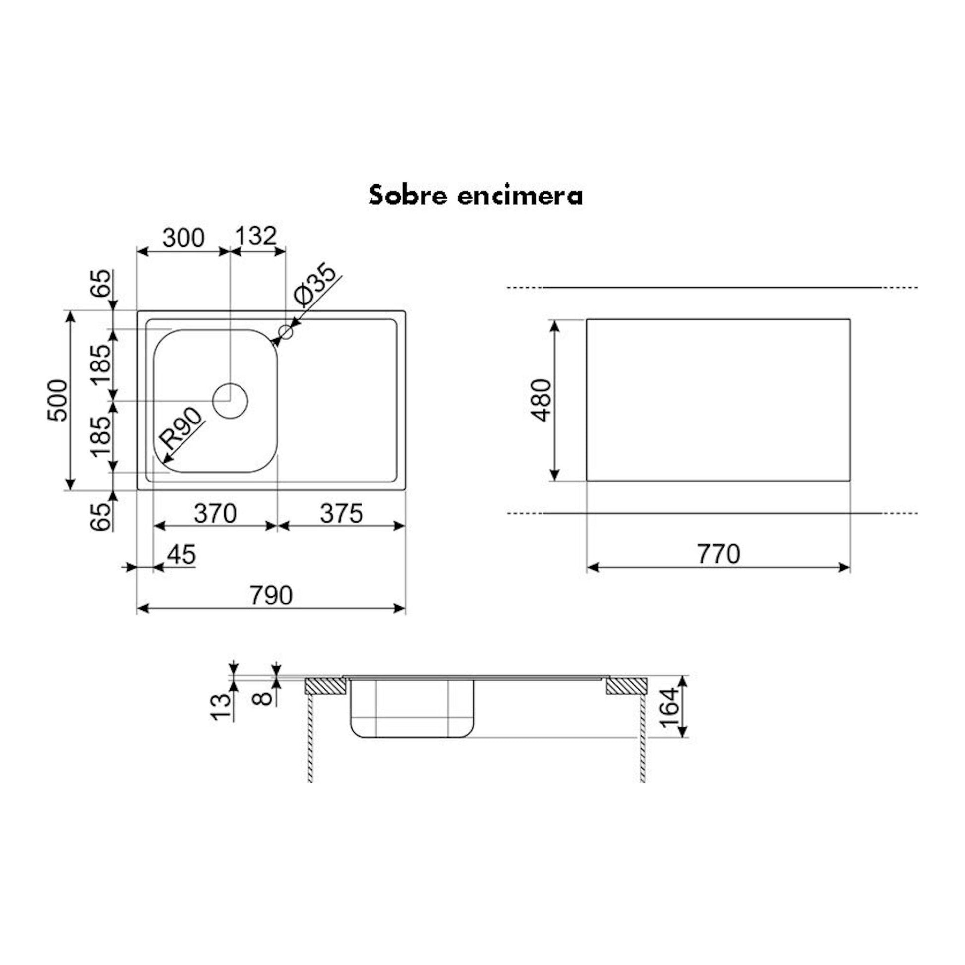 Smeg LYP791D inox, plano técnico de fregadero sobre encimera con vista superior y lateral.