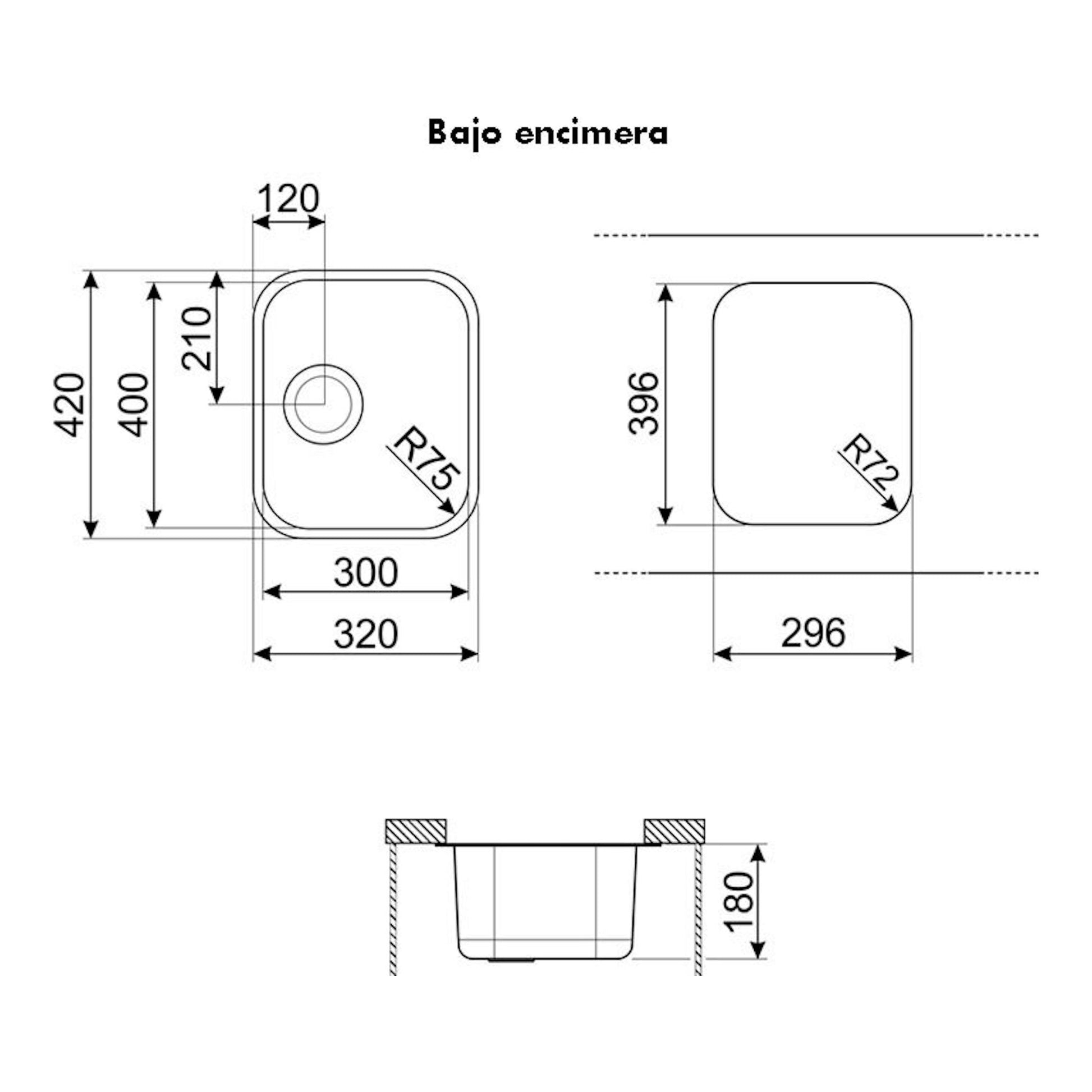 Dibujo técnico del fregadero Smeg UM30 inox bajo encimera, con vistas superior y frontal y medidas.