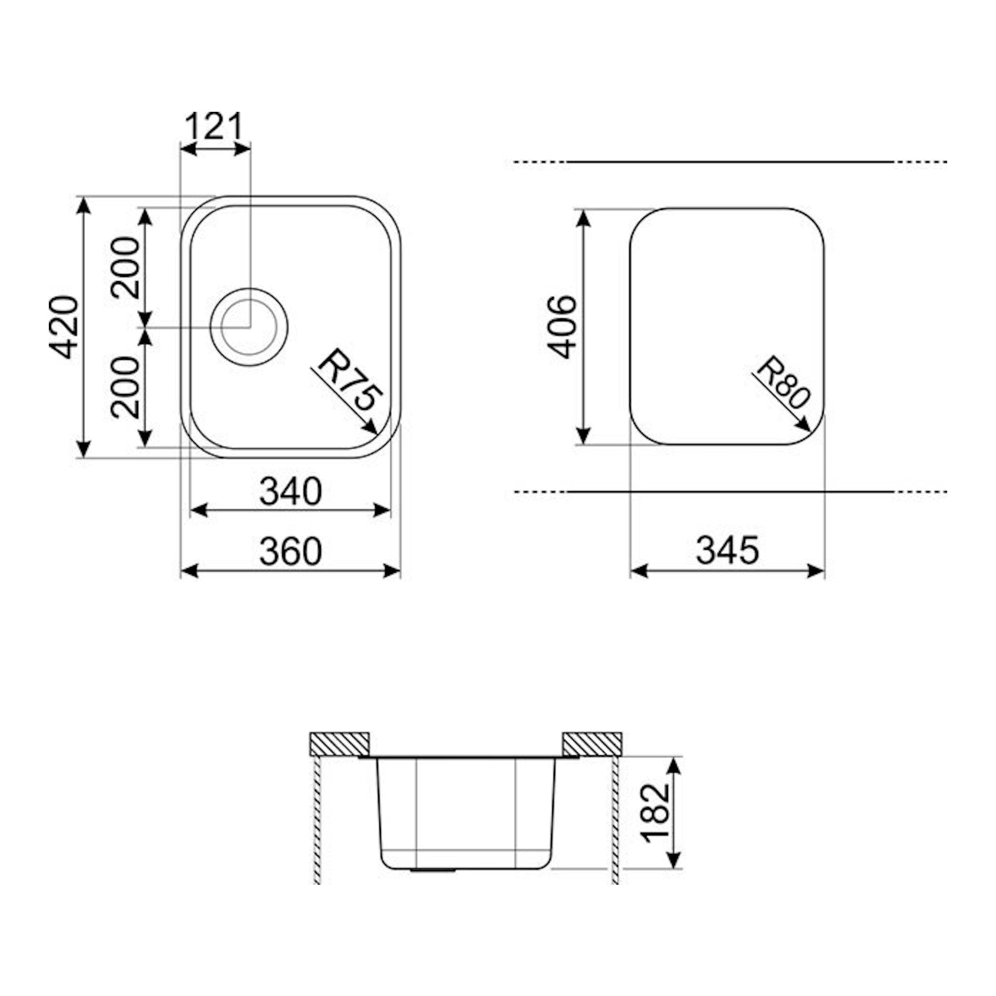 Plano técnico del fregadero Smeg UM34 inox, vista superior y lateral con cotas y medidas.