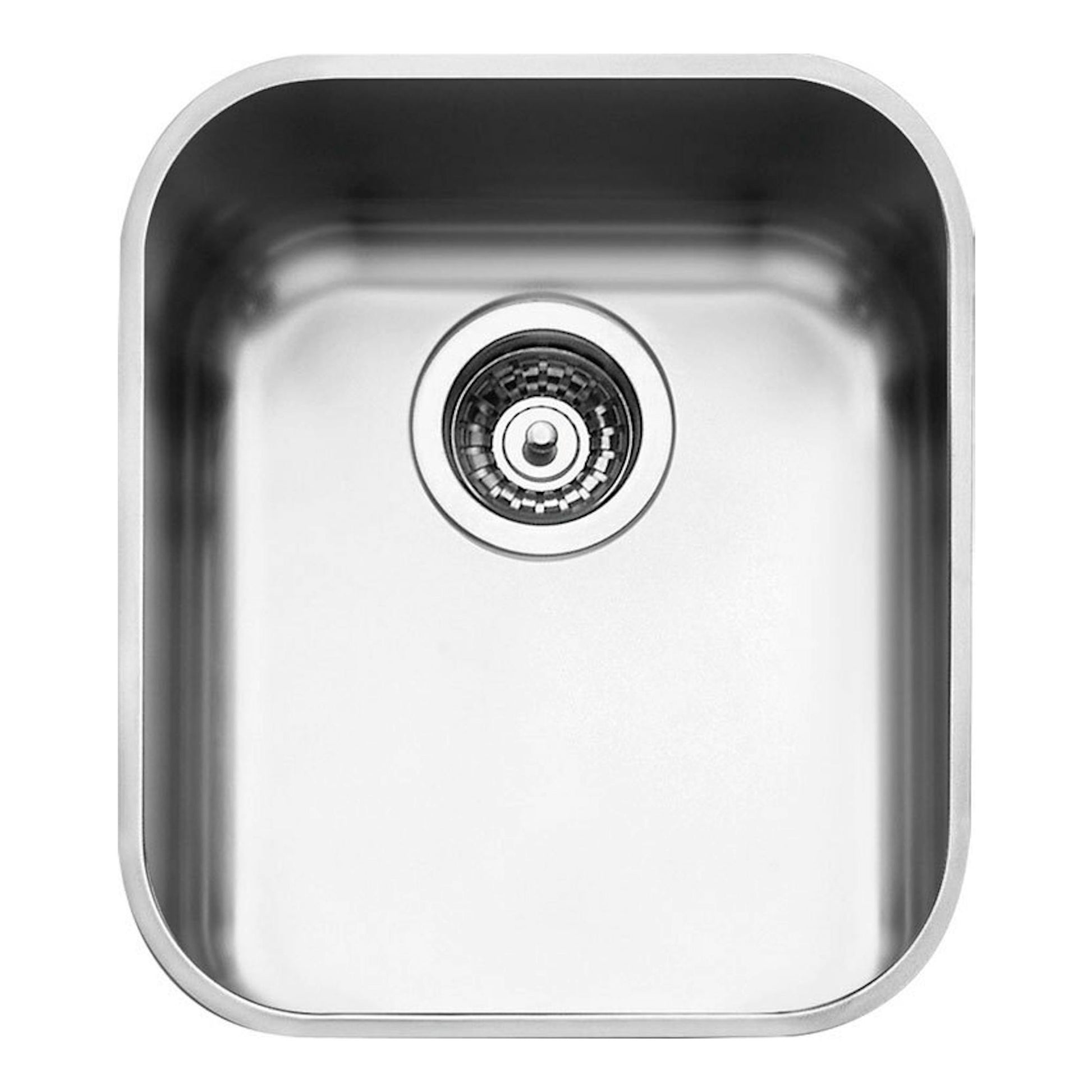 Fregadero Smeg UM40 de acero inoxidable, vista superior, cubeta rectangular con desagüe centrado.