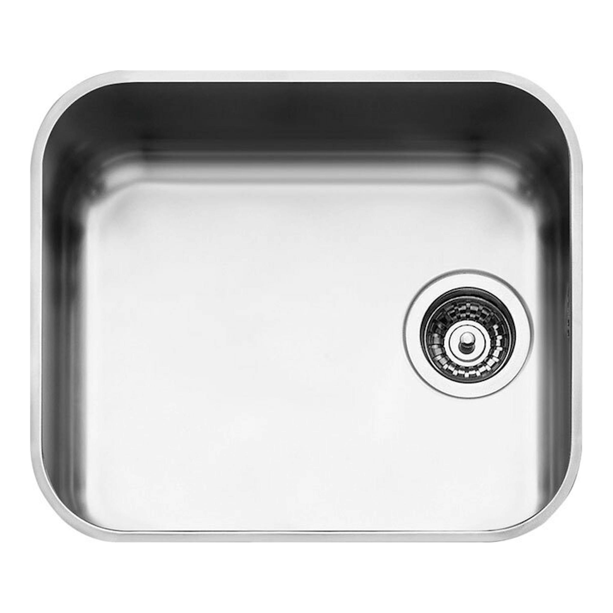 Fregadero Smeg UM45 de acero inoxidable, vista superior, cubeta única con desagüe a la derecha.