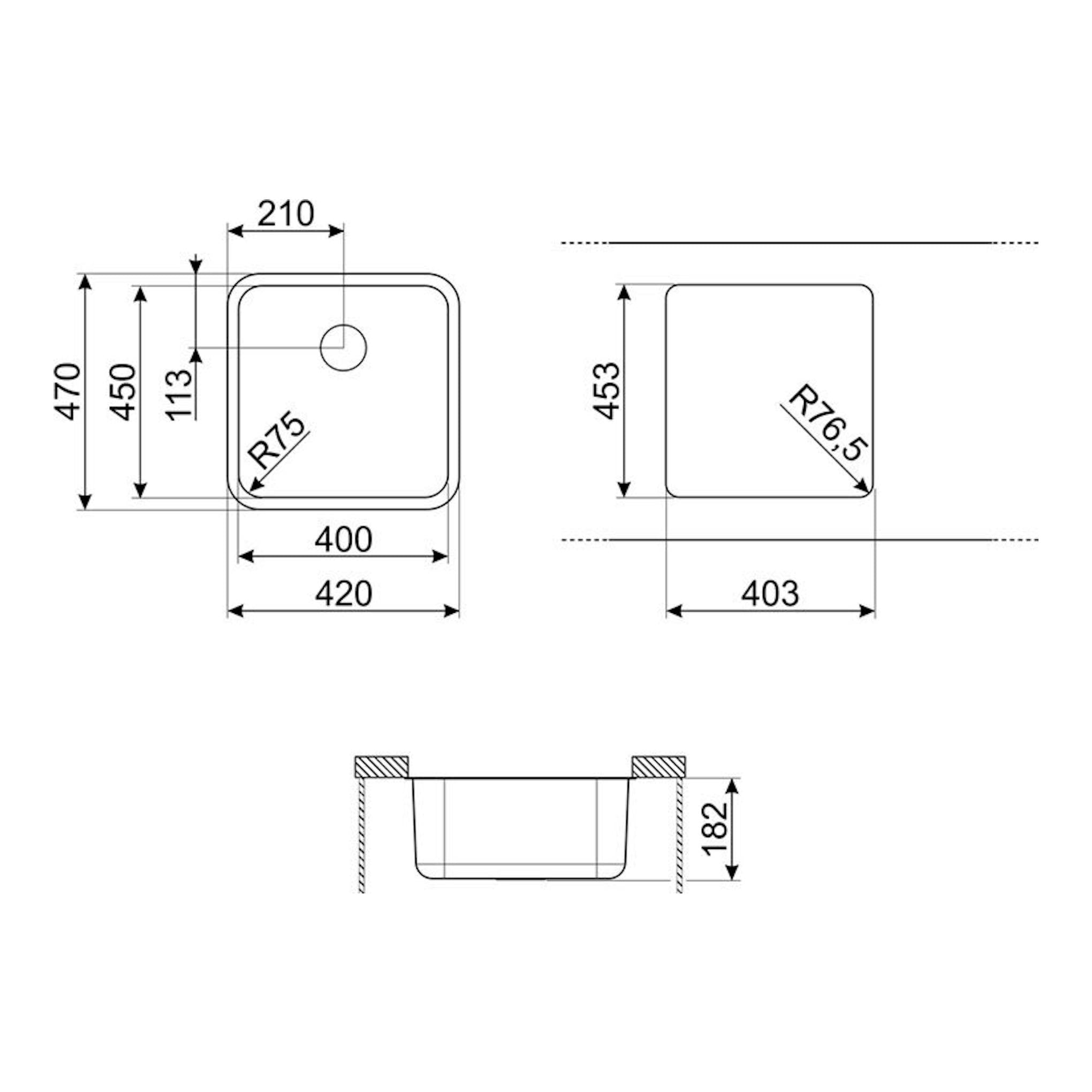Dibujo técnico del fregadero Smeg UM45, con vista superior, lateral y sección, y cotas en mm.