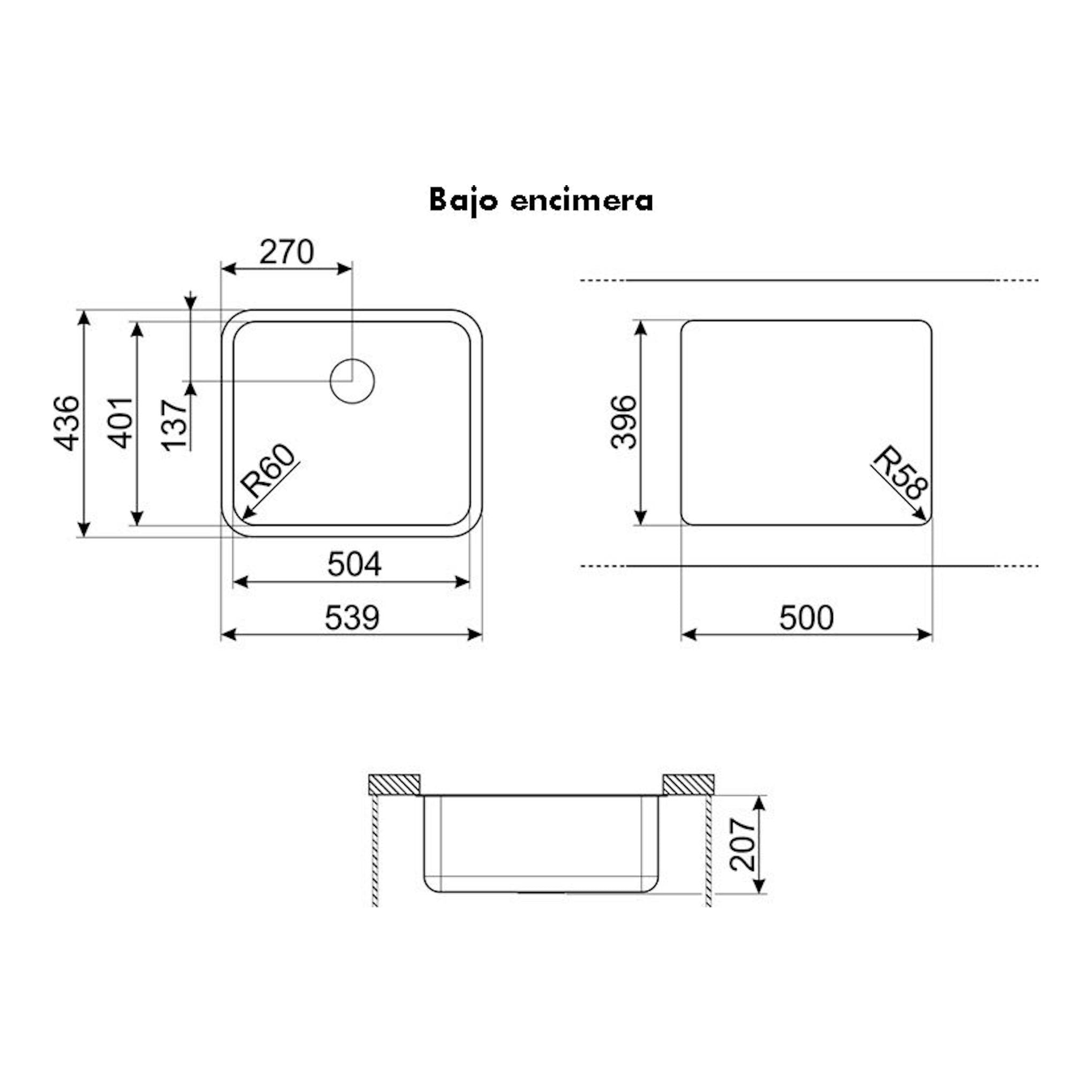 Dibujo técnico del fregadero Smeg UM50 inox, con vistas superior y lateral para instalación bajo encimera.