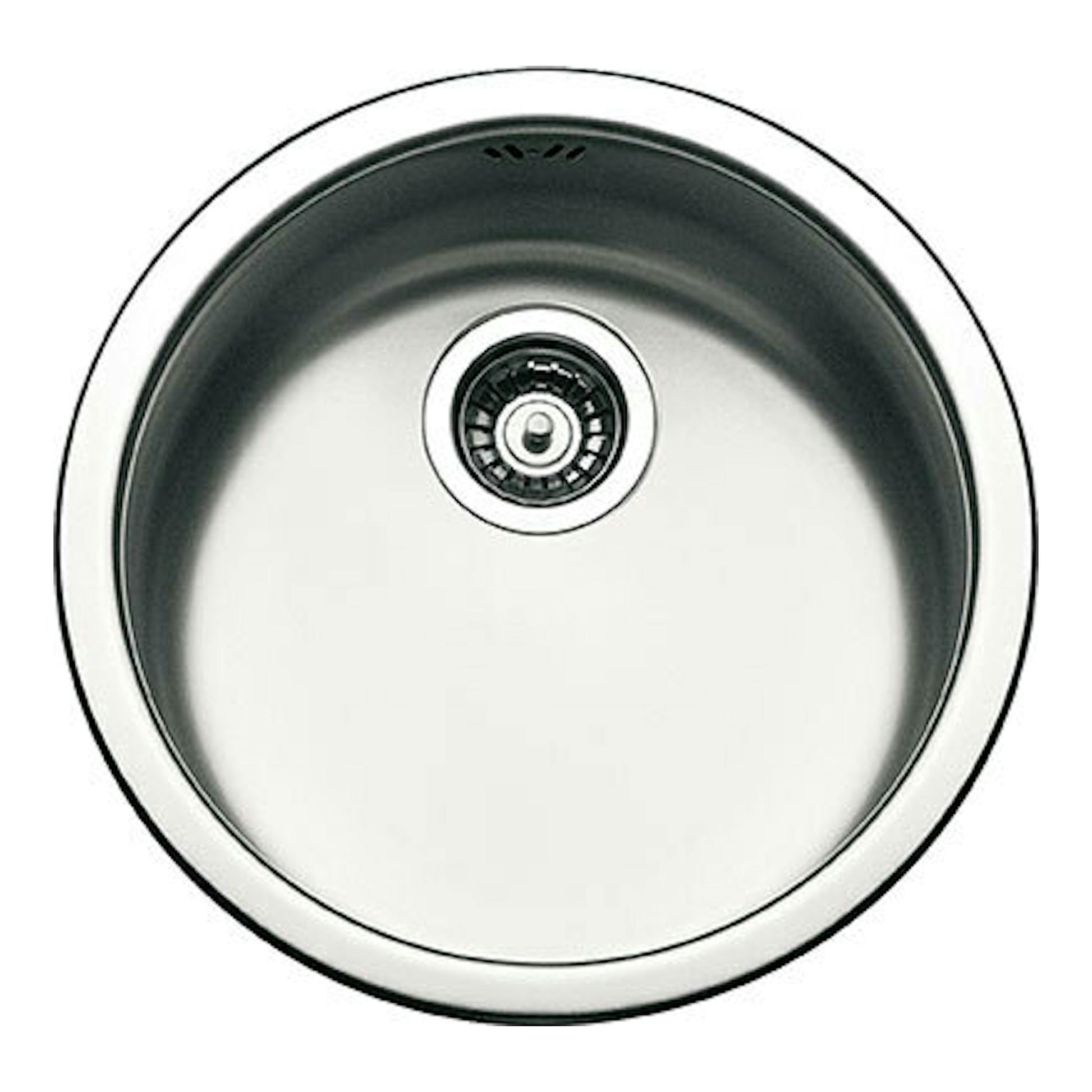 Fregadero Smeg VFU43SFR redondo de acero inoxidable, vista superior con desagüe centrado.