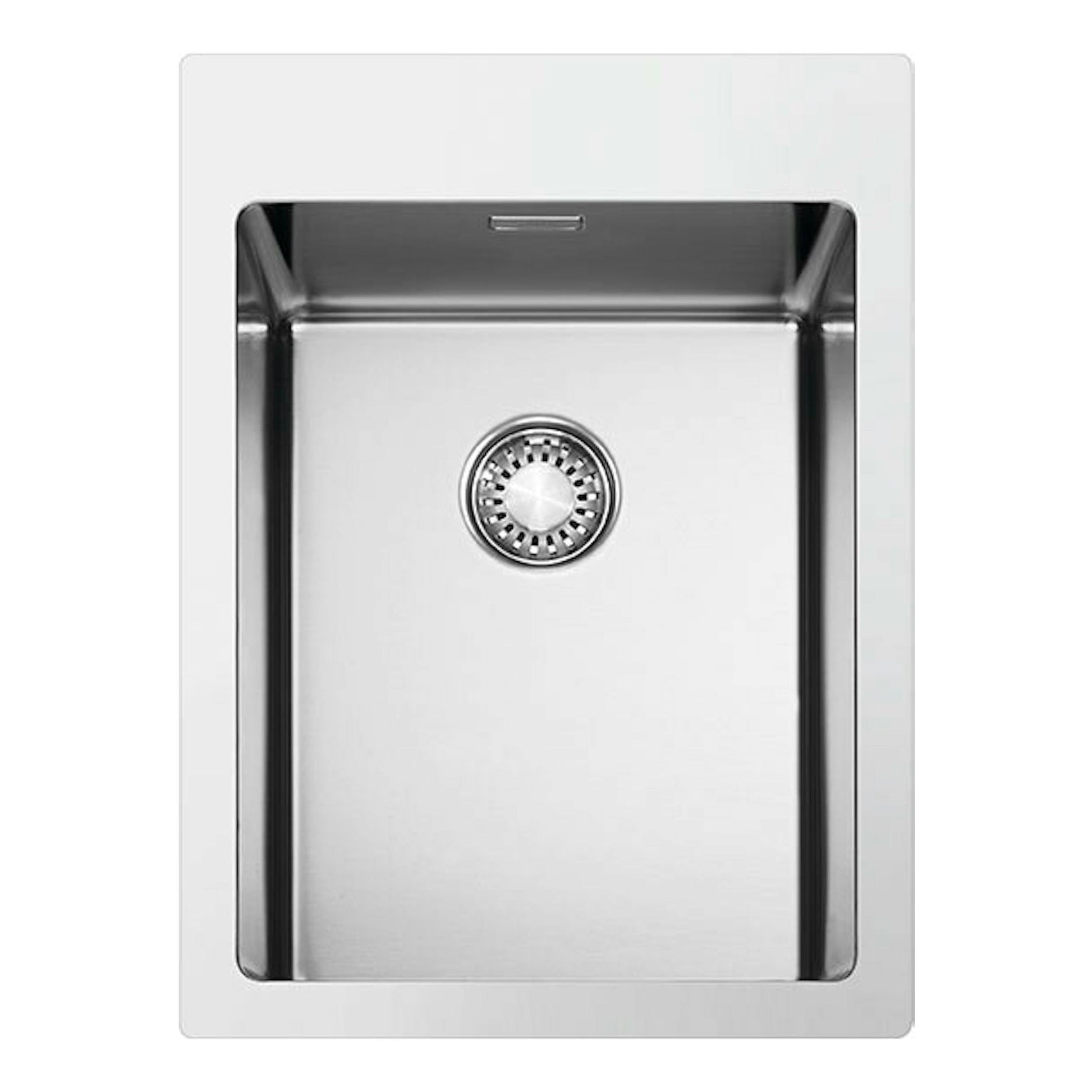 Fregadero Smeg VR12S34 inox, vista cenital de un seno rectangular de acero inoxidable con desagüe central.
