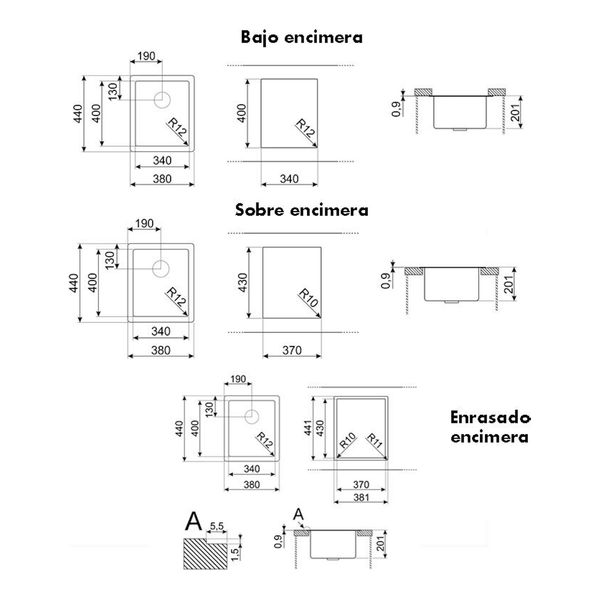 Smeg VR12S34 Inox: plano técnico del fregadero con vistas superior y sección, para bajo, sobre y enrasado encimera.