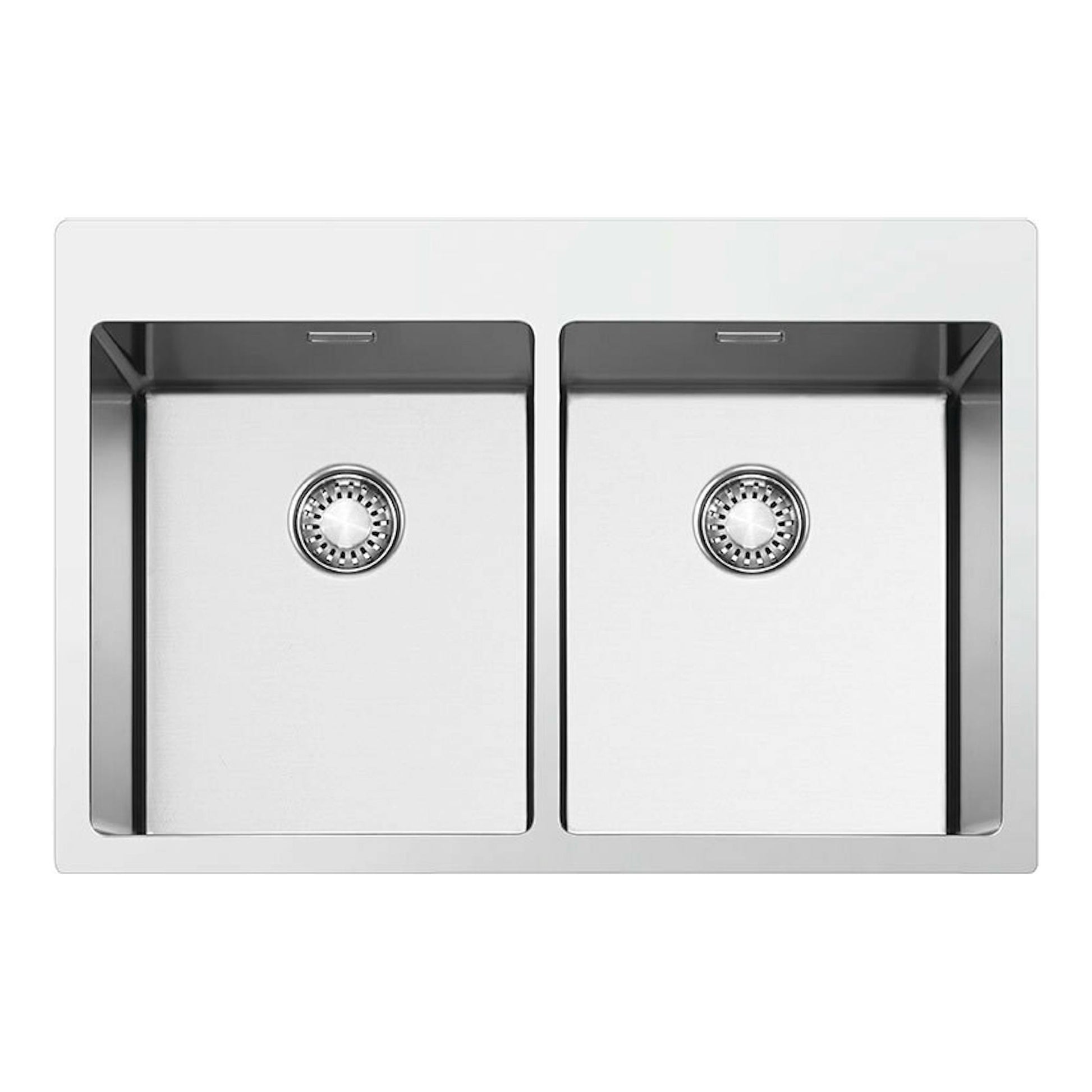 Fregadero Smeg VR12S3434 de acero inoxidable, vista superior, con dos cubetas rectangulares.