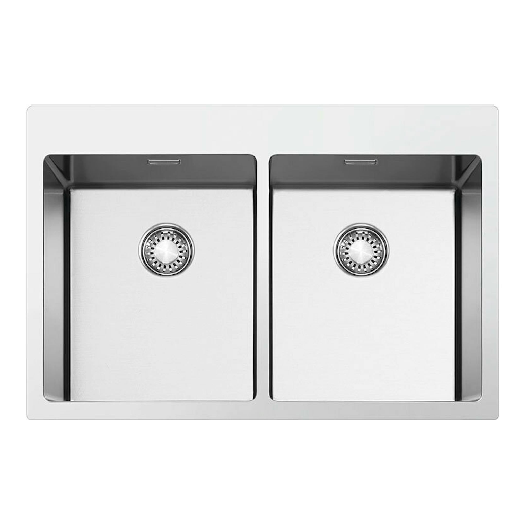 Fregadero Smeg VR12S3434 de acero inoxidable, vista superior, con dos cubetas rectangulares.
