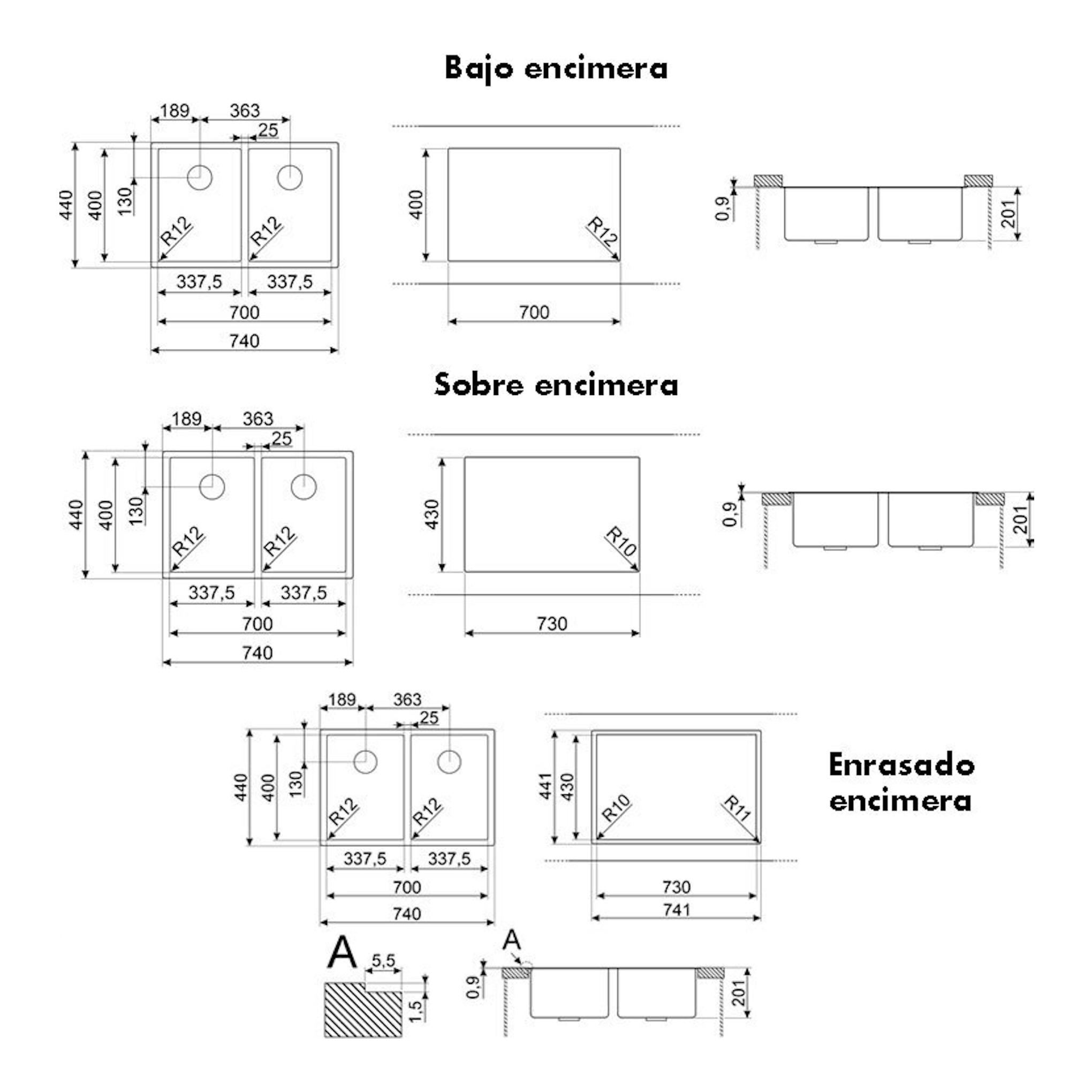 Smeg VR12S3434 Inox: plano técnico de fregadero doble con vistas y medidas para bajo, sobre y enrasado encimera.