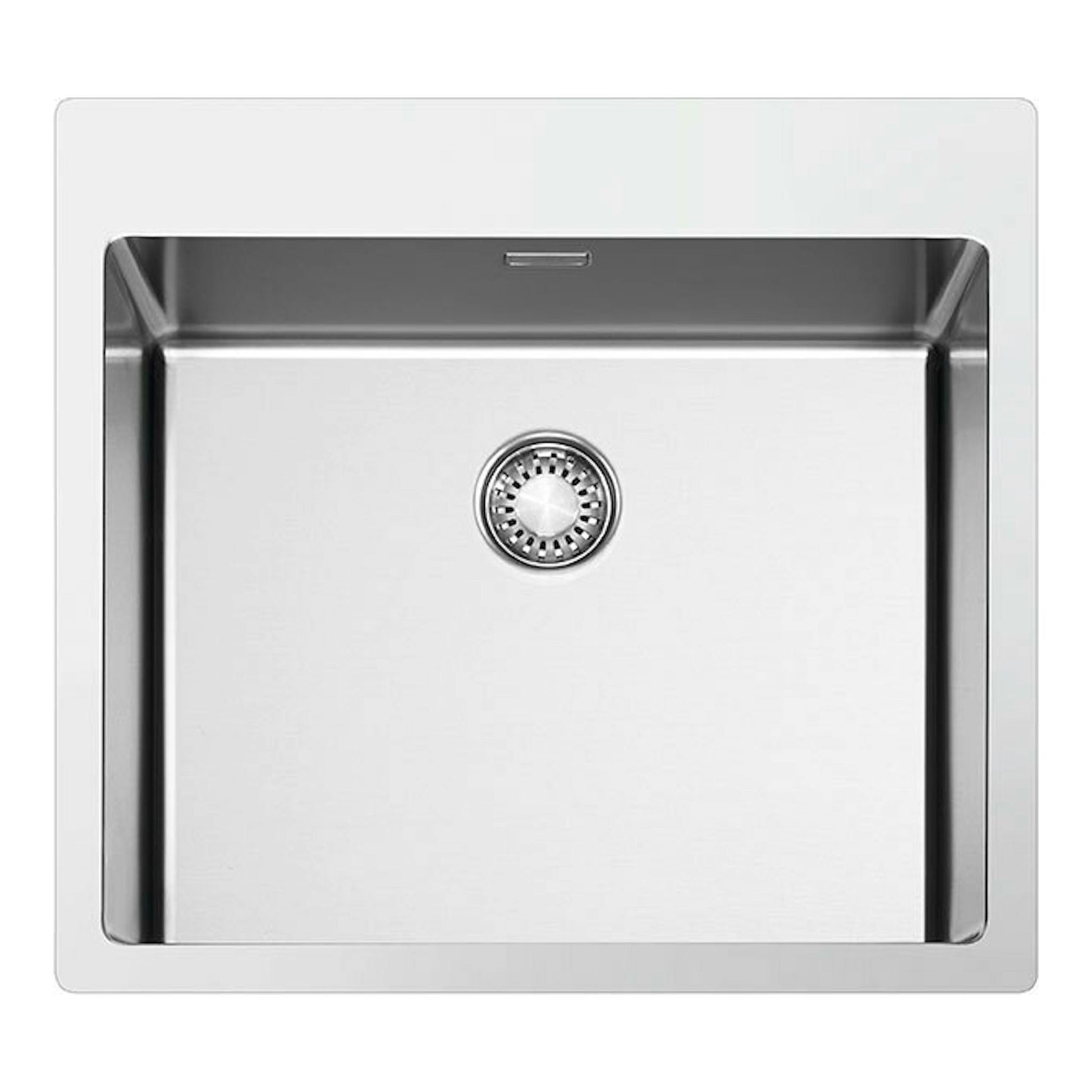 Fregadero Smeg VR12S50 inox, vista superior, una cubeta cuadrada de acero inoxidable con desagüe central.