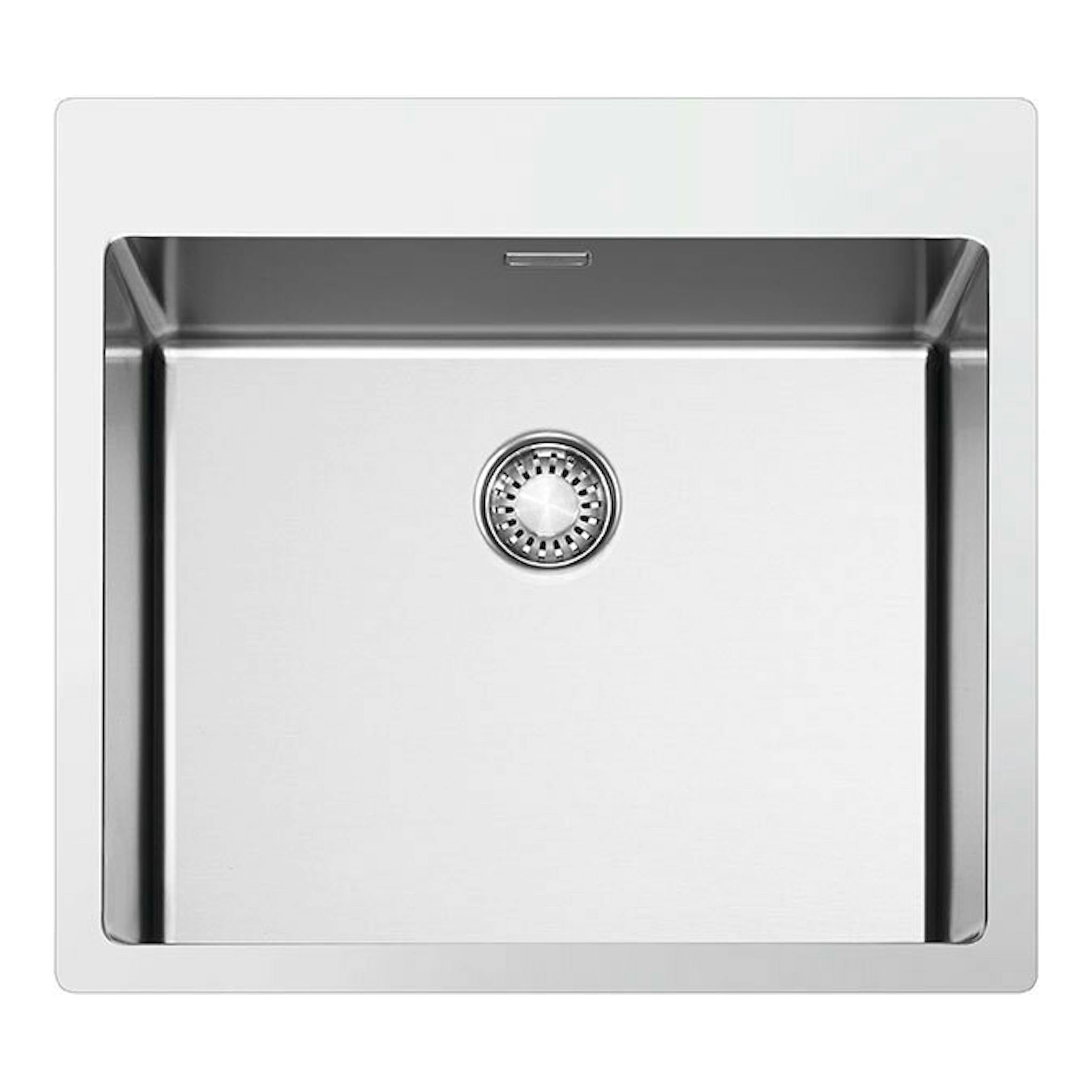 Fregadero Smeg VR12S50 inox, vista superior, una cubeta cuadrada de acero inoxidable con desagüe central.