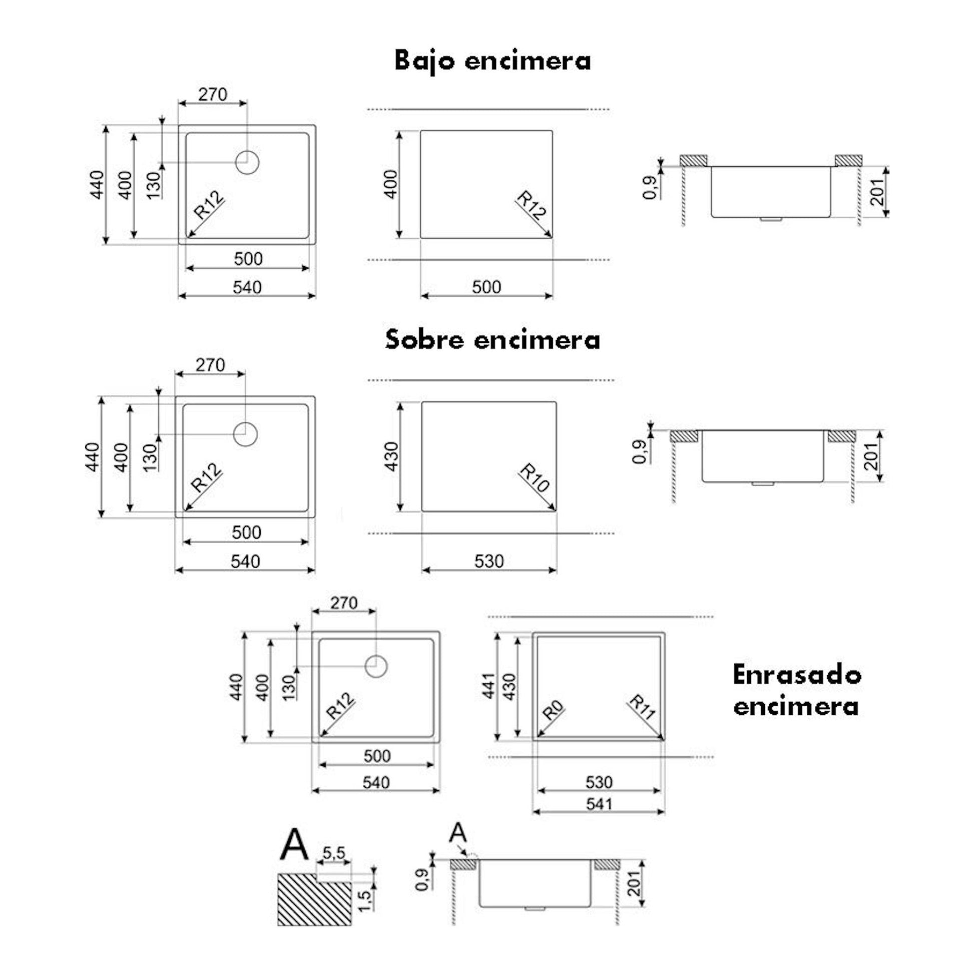 Smeg VR12S50 inox: plano técnico del fregadero con vistas y medidas para bajo, sobre y enrasado encimera.