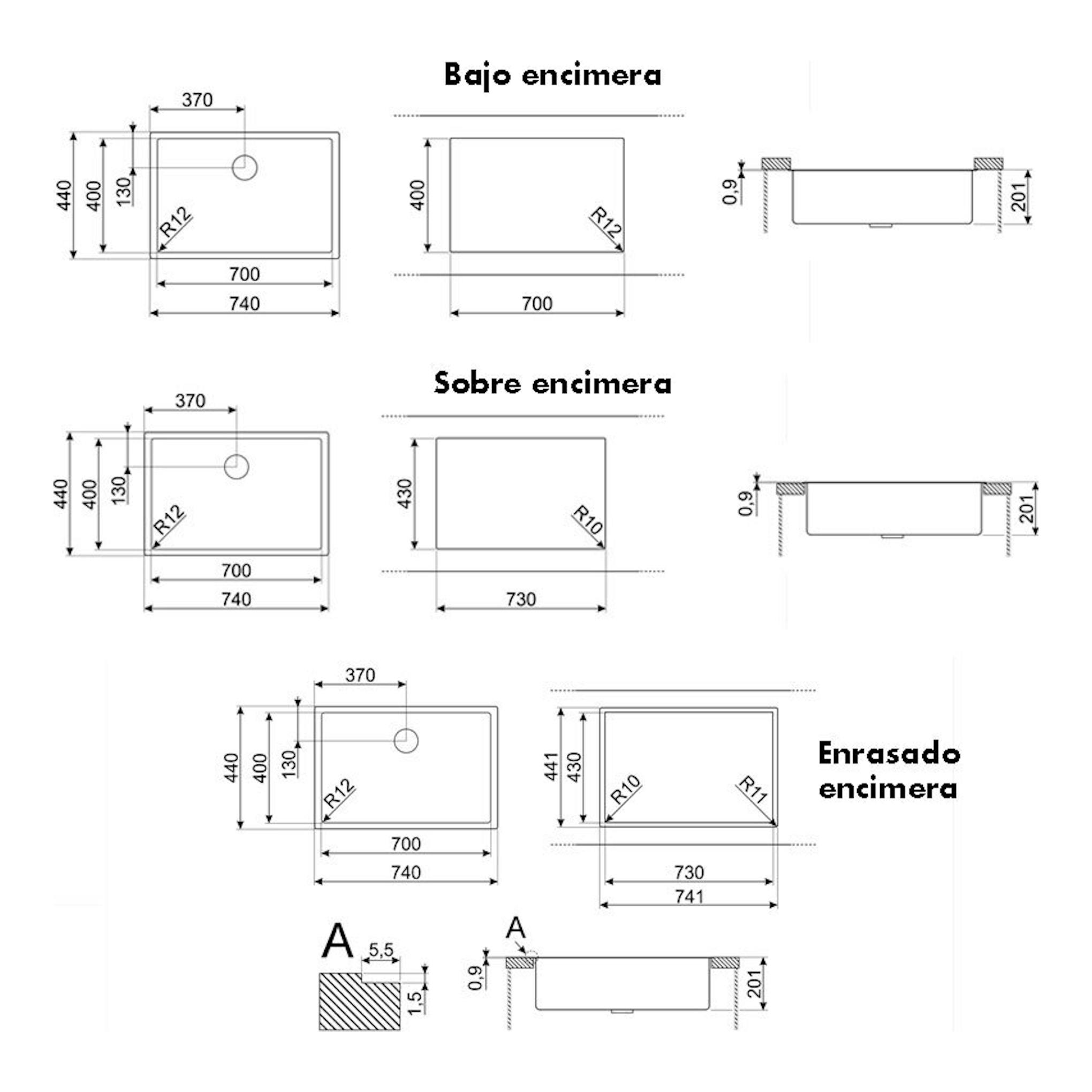 Esquema técnico del fregadero Smeg VR12S70 inox con vistas superior y lateral, medidas y cortes de instalación.