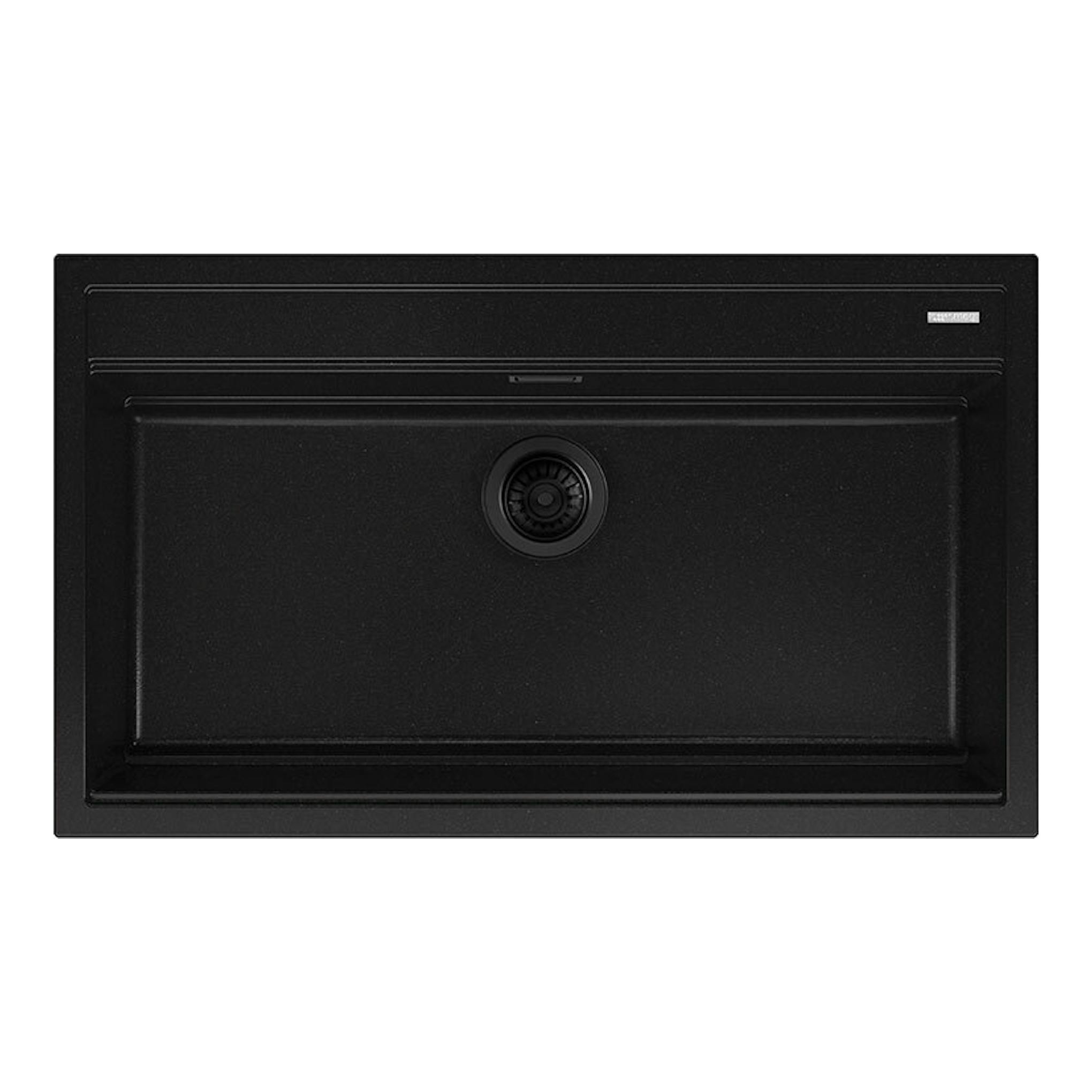 Fregadero Smeg VSGX860MN negro, vista superior, rectangular de una cubeta con desagüe centrado.