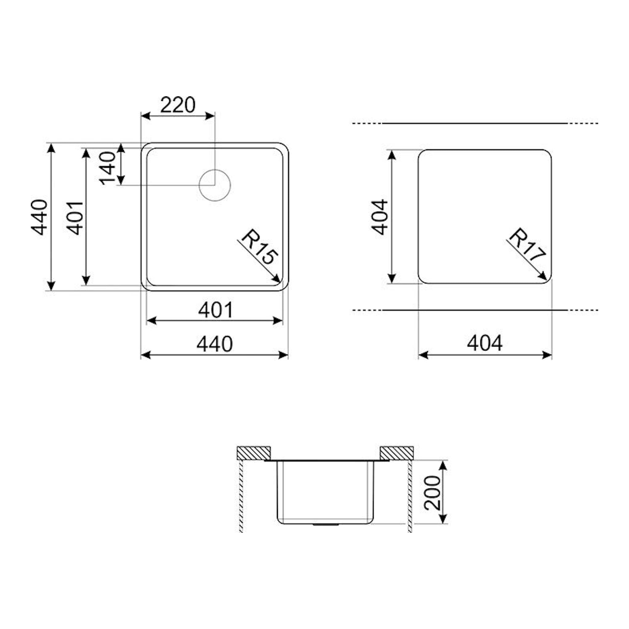 Plano técnico del fregadero Smeg VSTR40BRX, vista superior, lateral y sección, con medidas 440 x 440 mm.