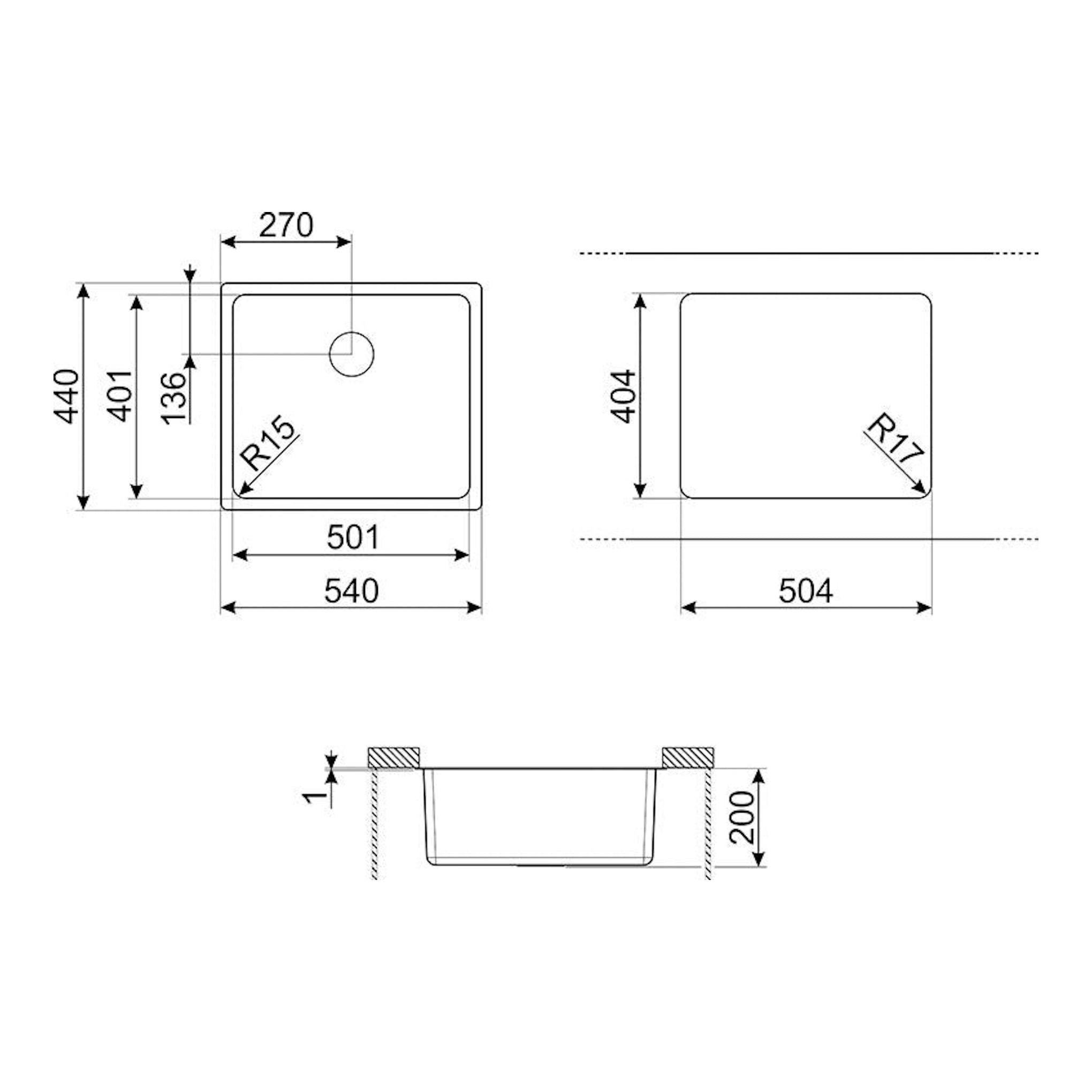 Plano técnico del fregadero Smeg VSTR71BRX, vistas superior, lateral y sección con medidas.