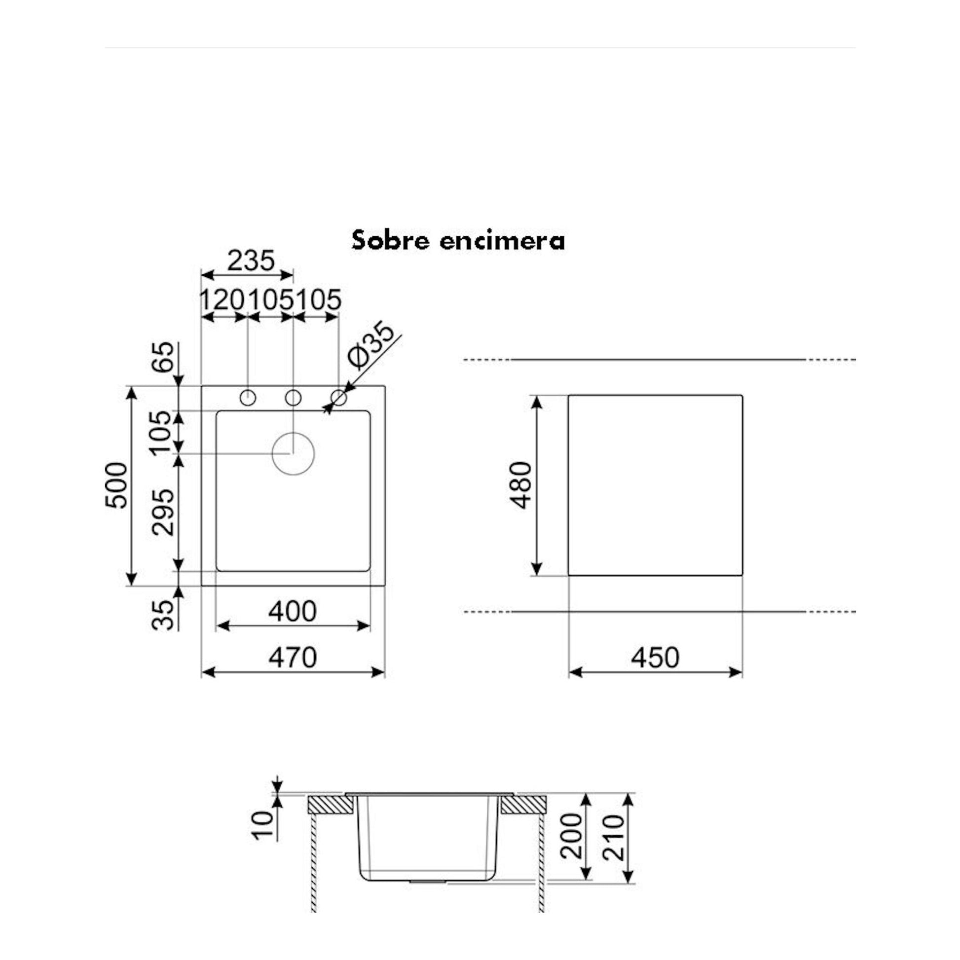 Plano técnico del fregadero Smeg VZ45CT gris, vista superior y lateral con medidas.