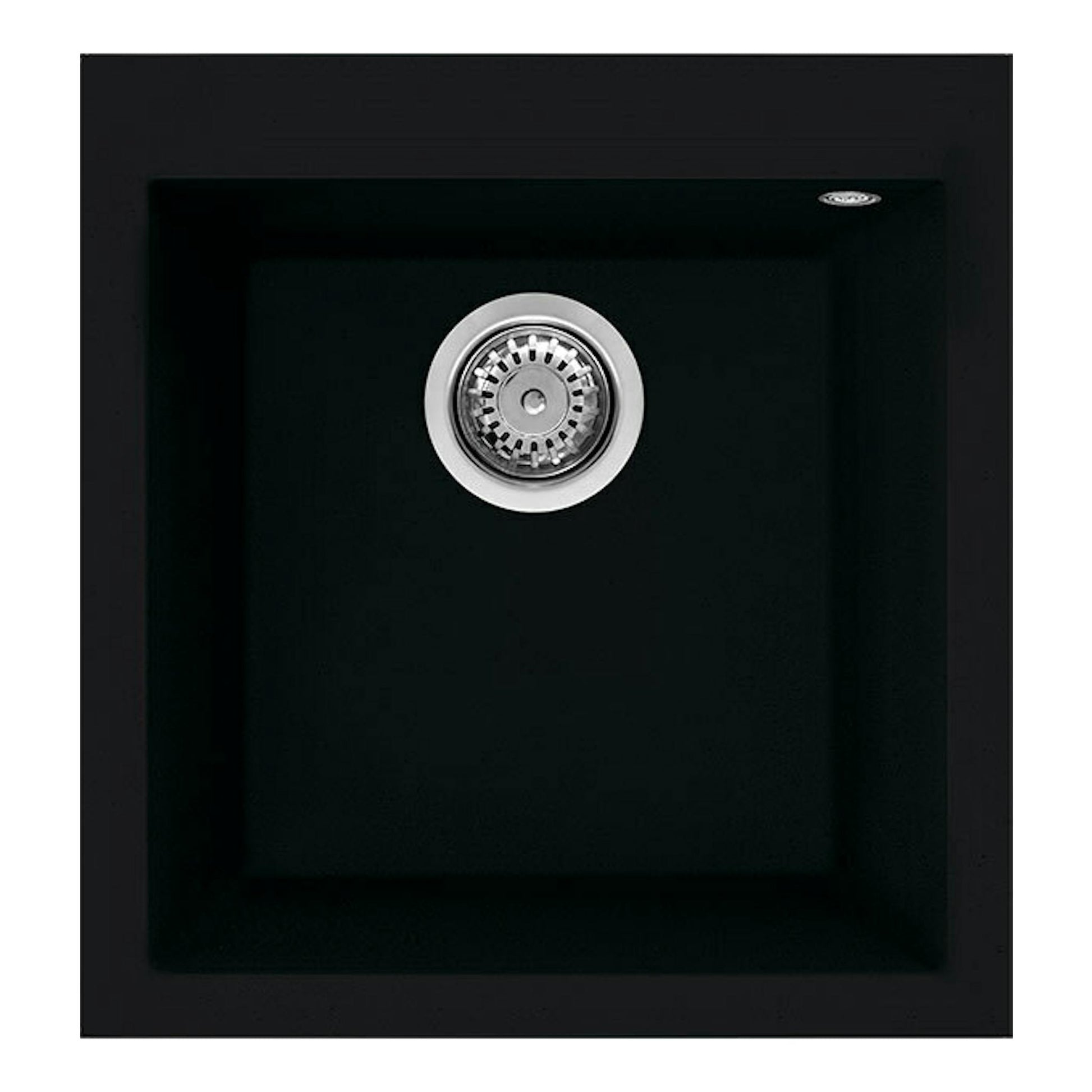 Fregadero Smeg VZ45N negro, vista superior, cubeta cuadrada con desagüe centrado.