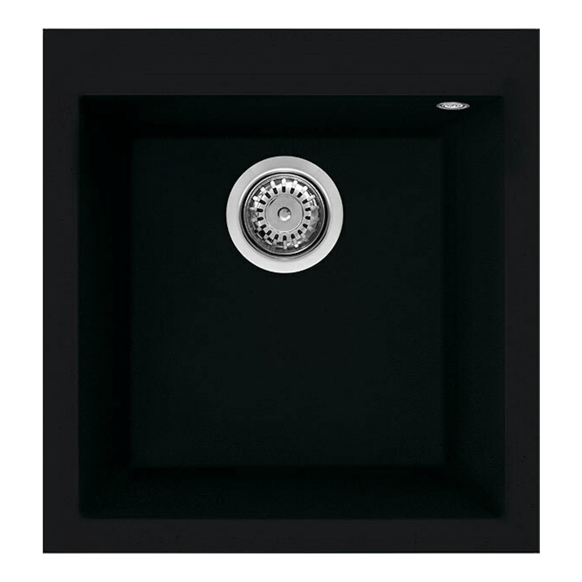 Fregadero Smeg VZ45N negro, vista superior, cubeta cuadrada con desagüe centrado.