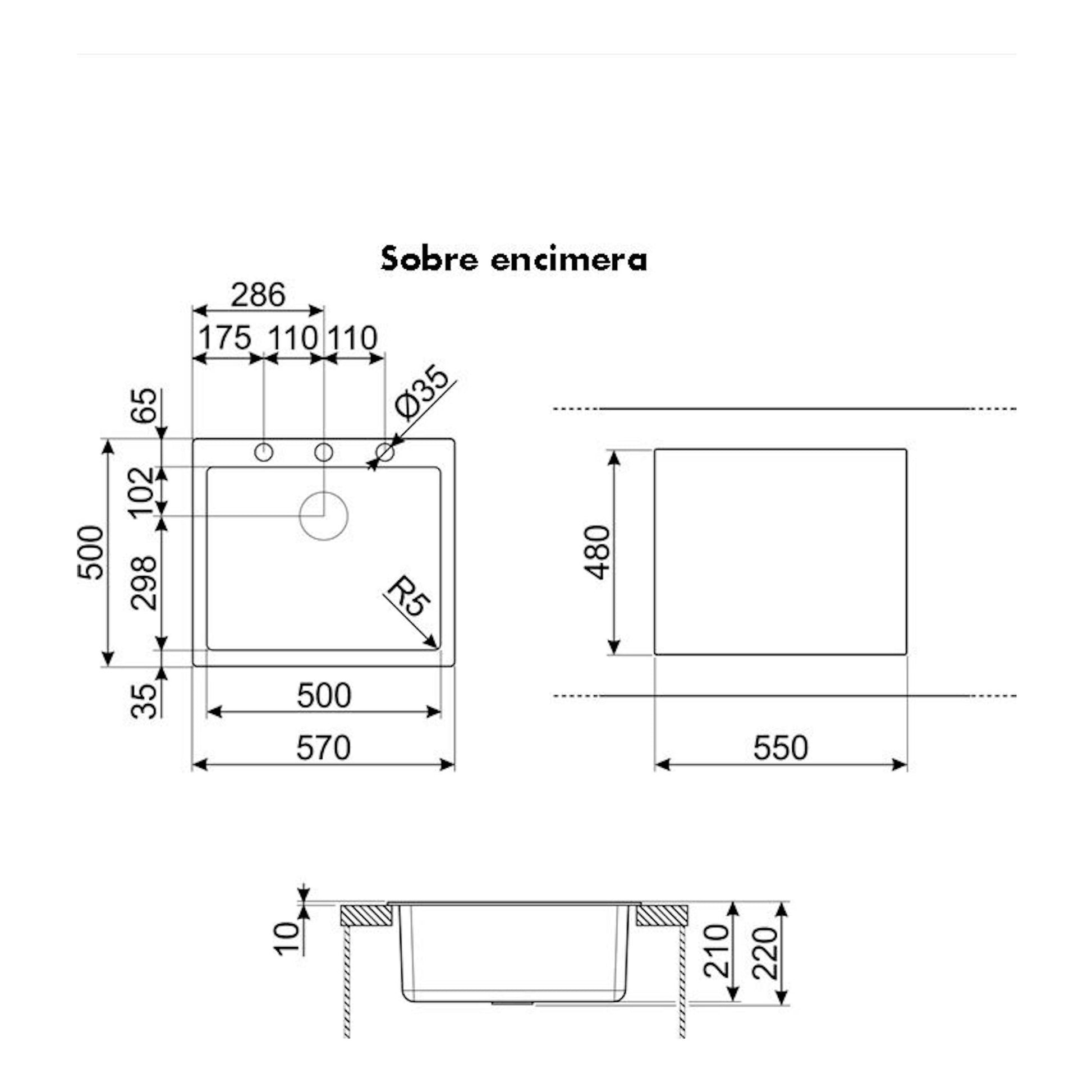 Smeg VZ57CT gris: esquema técnico del fregadero sobre encimera, con vista superior y lateral y cotas.