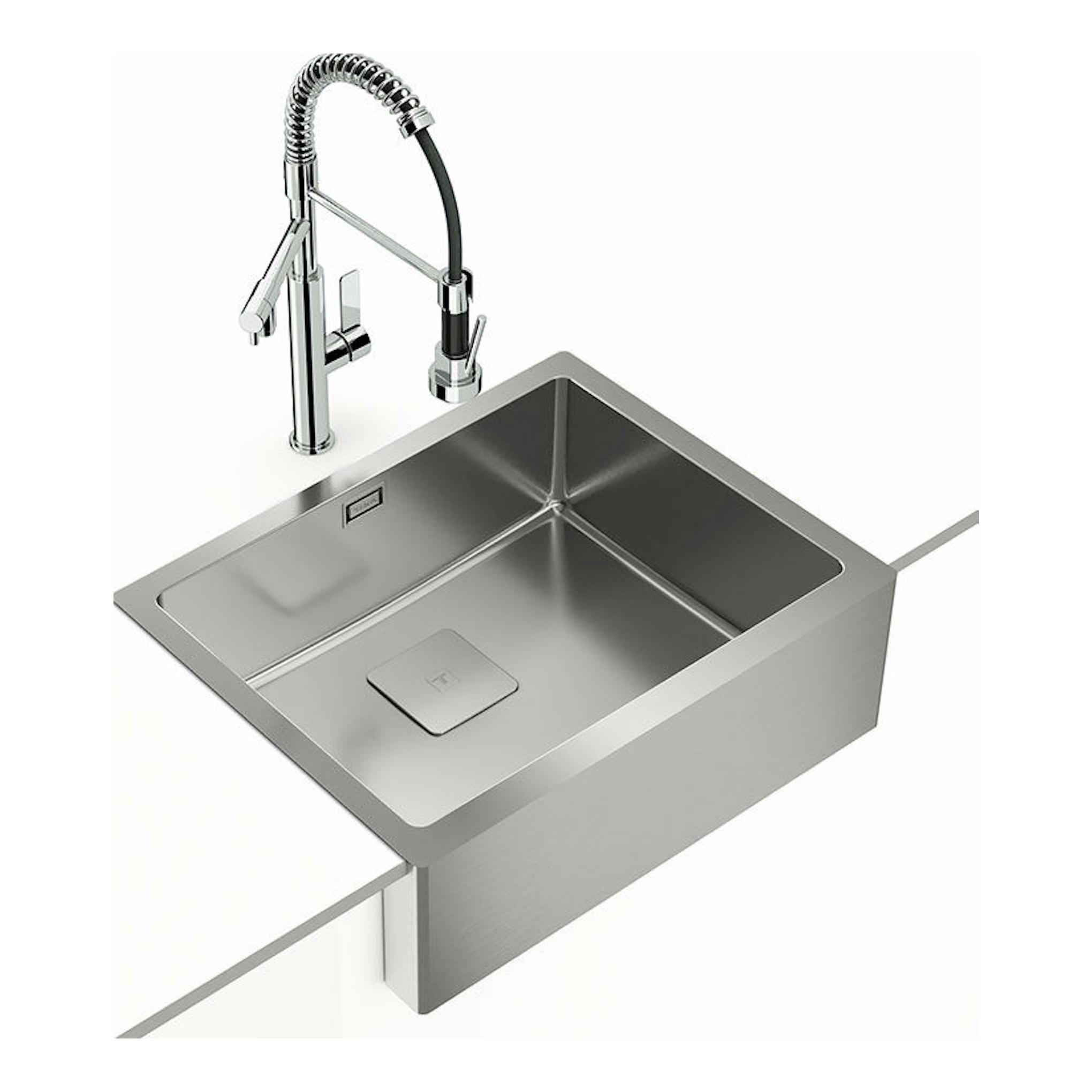Fregadero Teka American Pro60 M-XP 1C de acero inoxidable, vista en ángulo con un seno y grifo cromado.