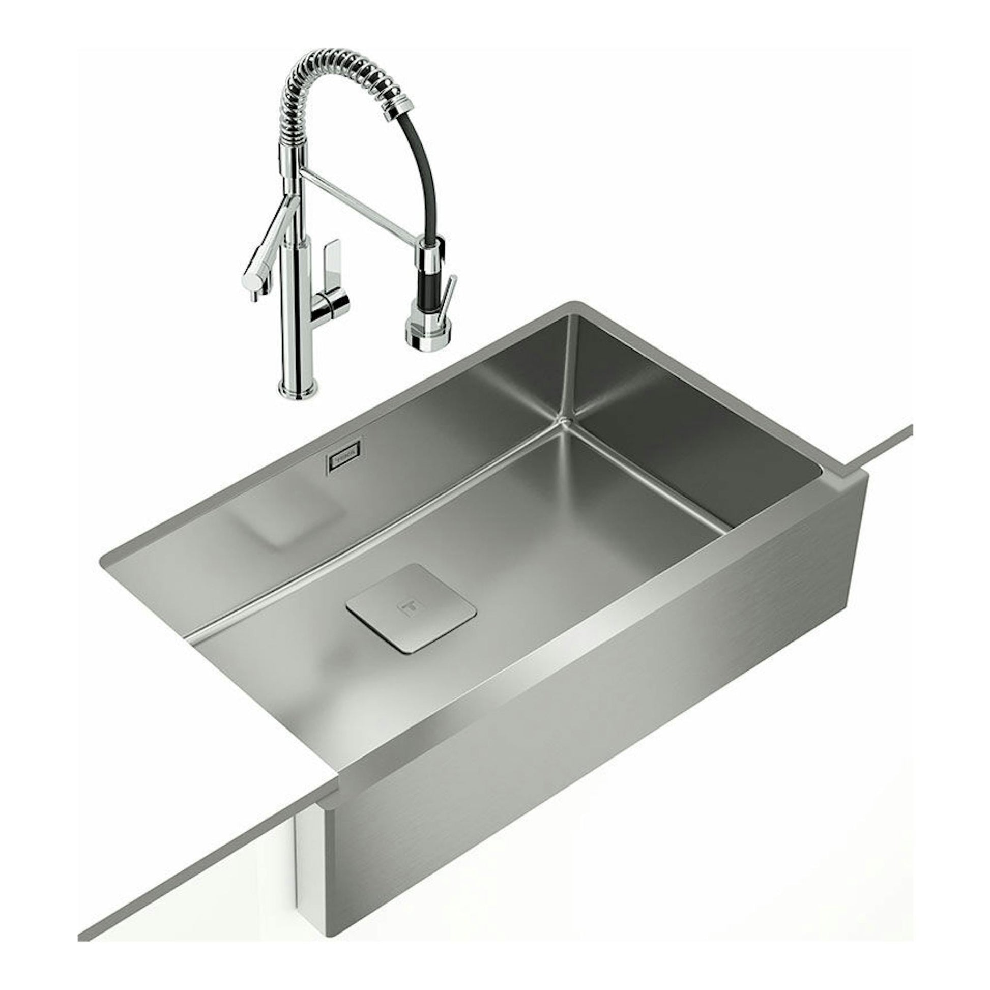 Fregadero Teka American Pro80 M-XP 1C de acero inoxidable con grifo extraíble, vista isométrica.