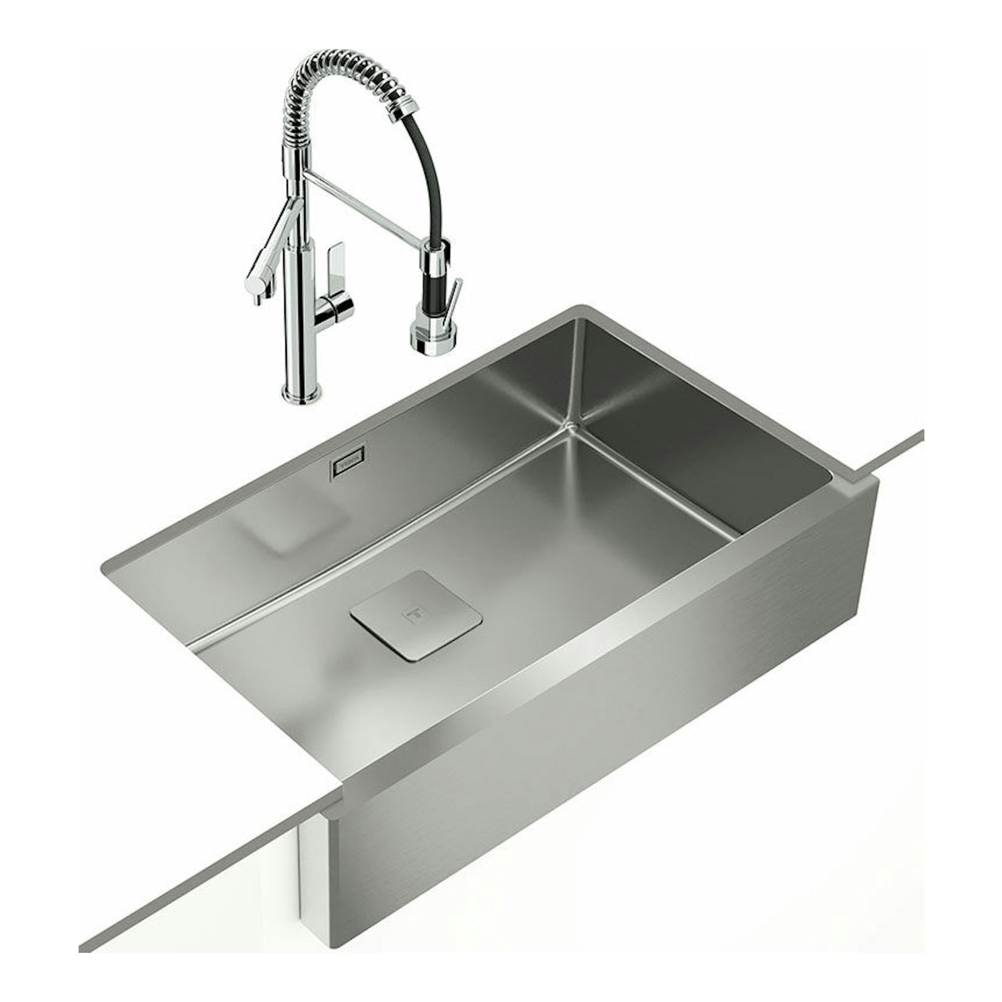 Fregadero Teka American Pro80 M-XP 1C de acero inoxidable con grifo extraíble, vista isométrica.