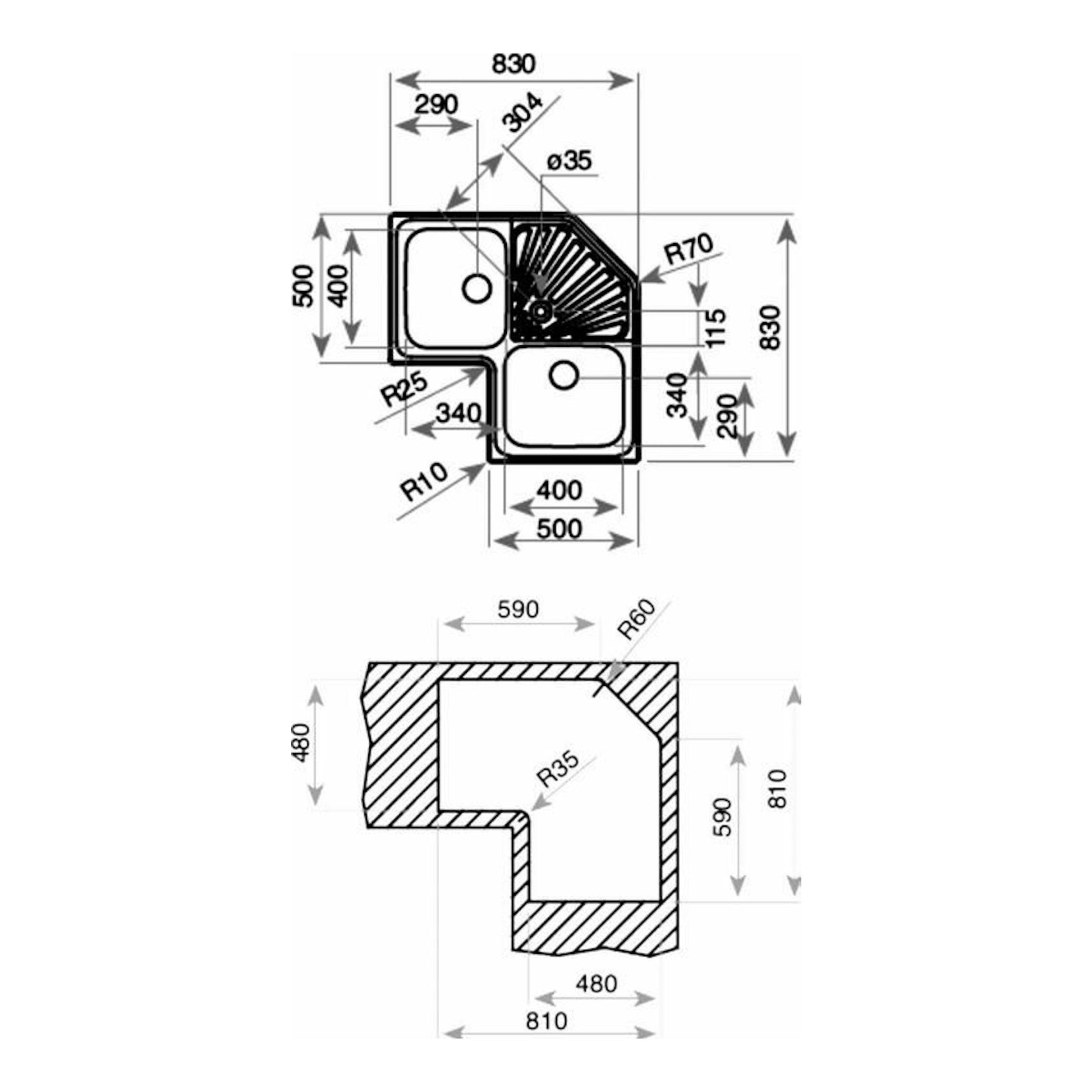 Plano técnico en blanco y negro del fregadero Teka ANGULAR 2C SF, vista superior y sección de esquina.
