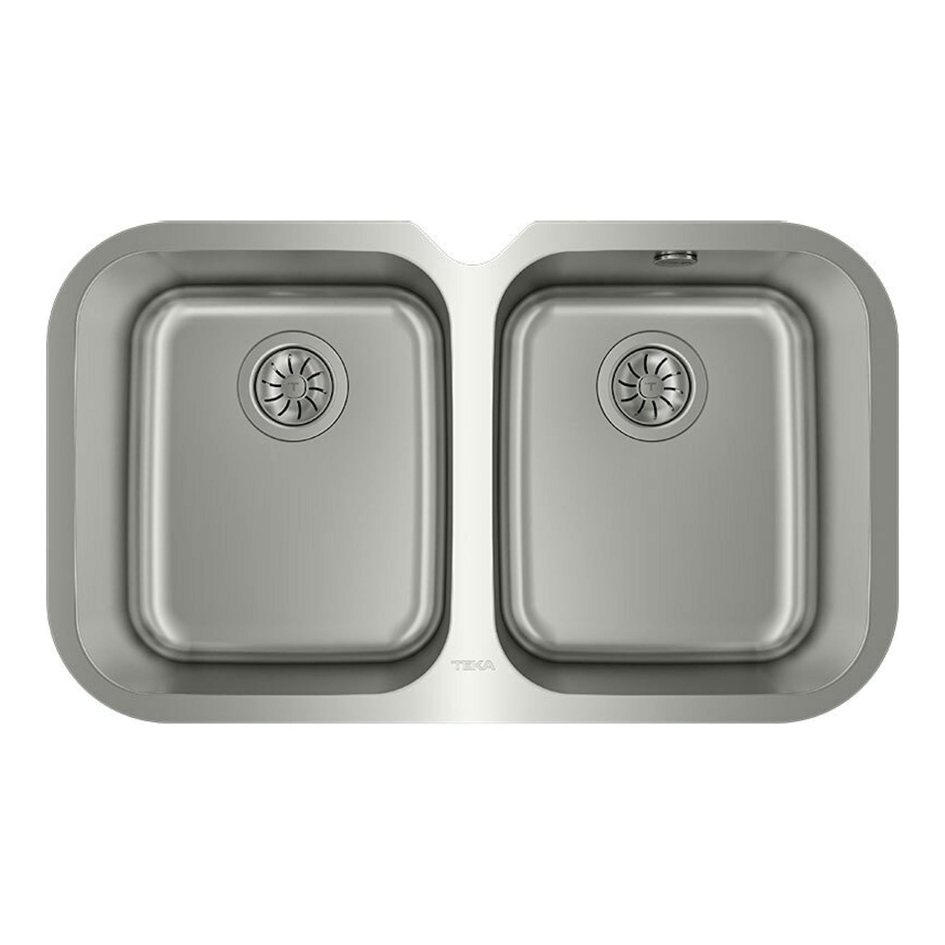 Fregadero Teka BE 2C 765 de acero inoxidable, vista cenital, con dos senos y desagües.
