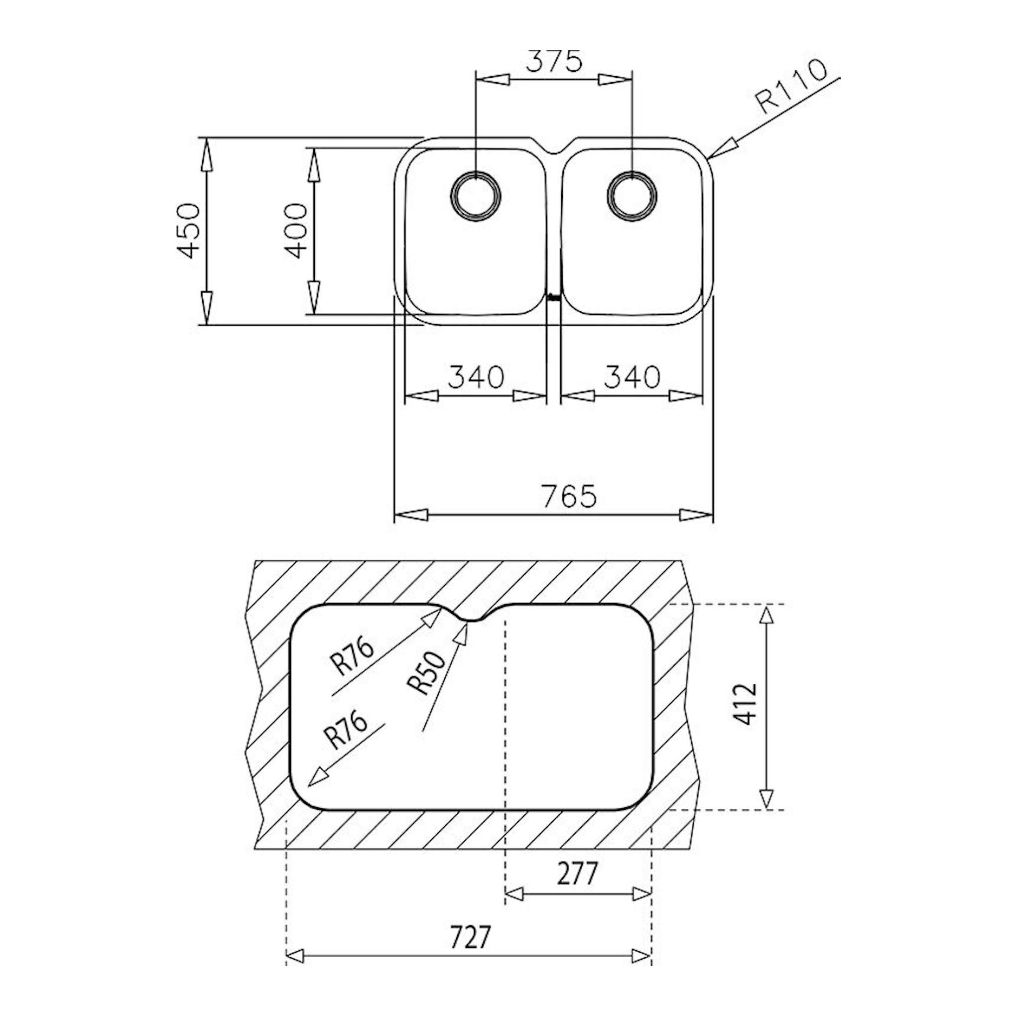 Plano técnico del fregadero Teka BE 2C 765, doble seno en vista superior y sección, con medidas y radios.