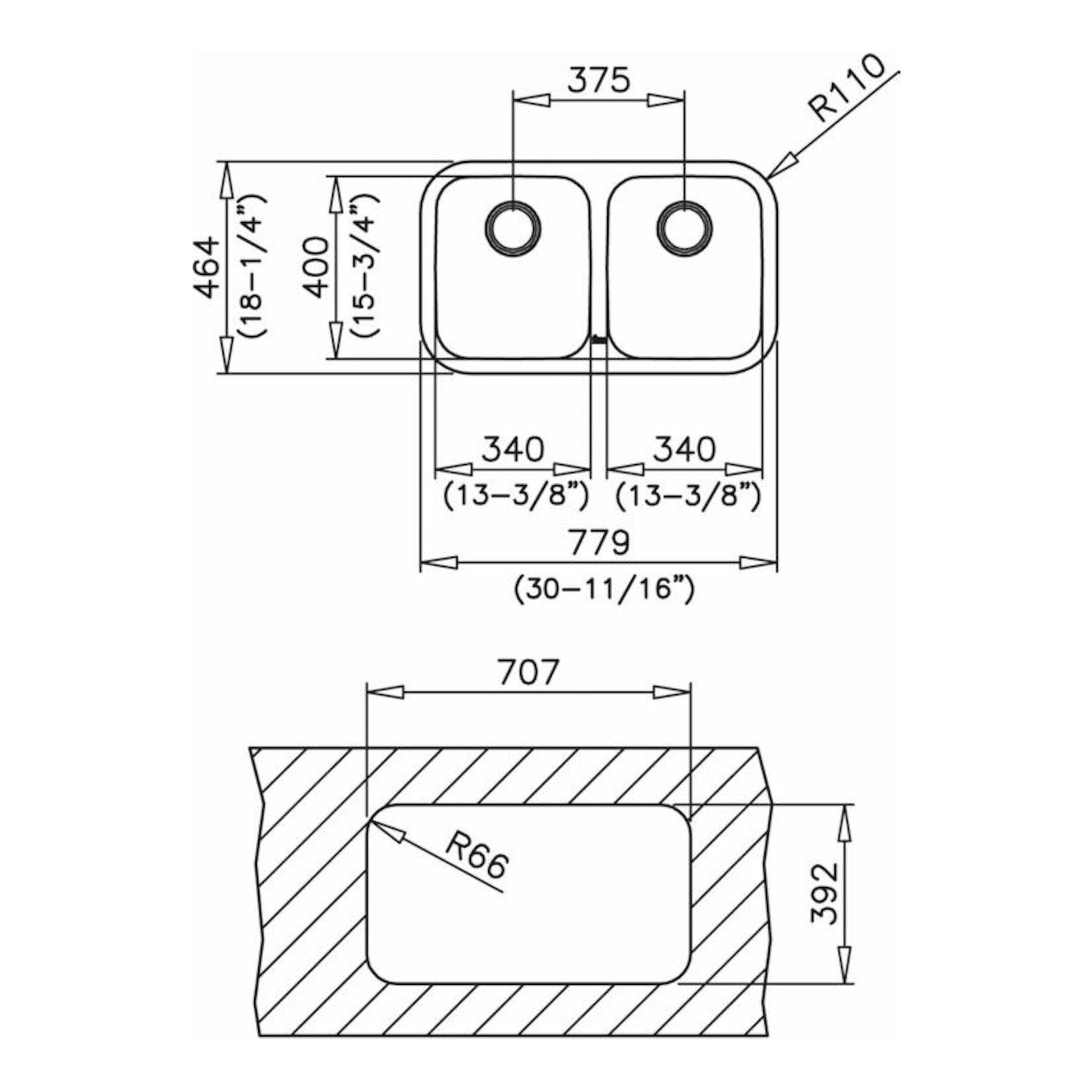 Plano técnico del fregadero Teka BE 2C 780 de dos cubetas, vista superior y corte, con medidas.