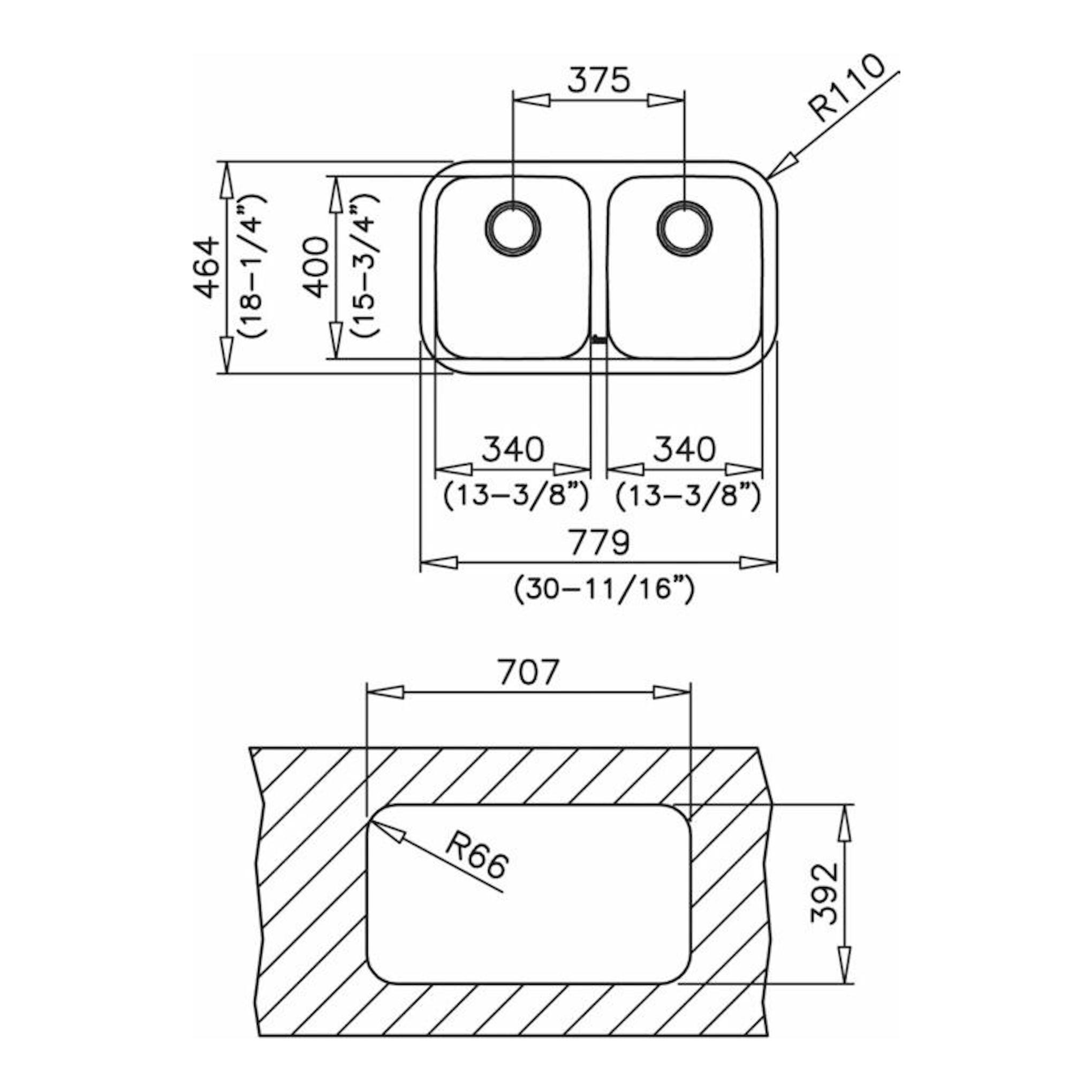 Plano técnico del fregadero Teka BE 2C 780 de dos cubetas, vista superior y corte, con medidas.