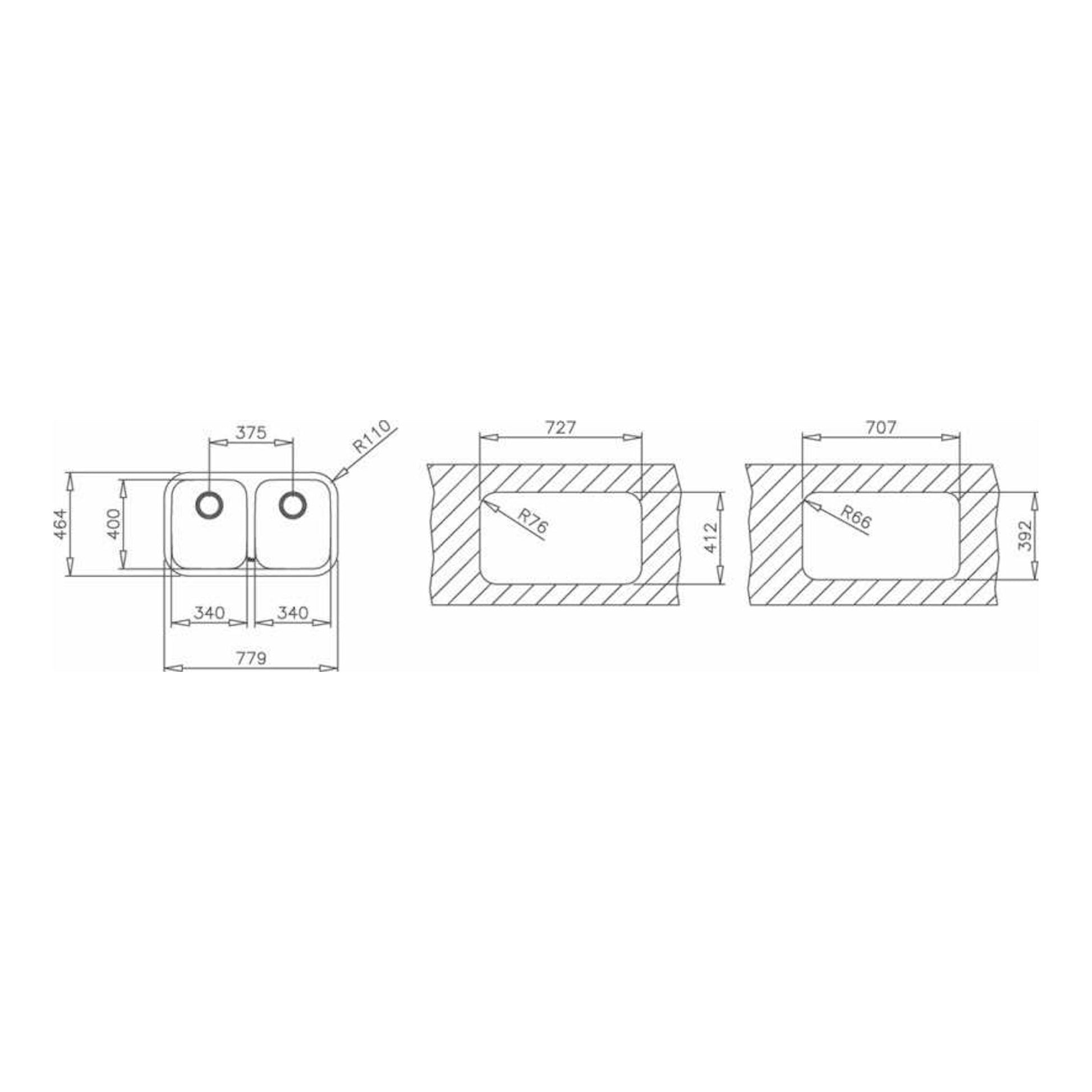 Plano técnico del fregadero Teka BE 2C 780, vista superior y secciones, con dos senos y cotas.