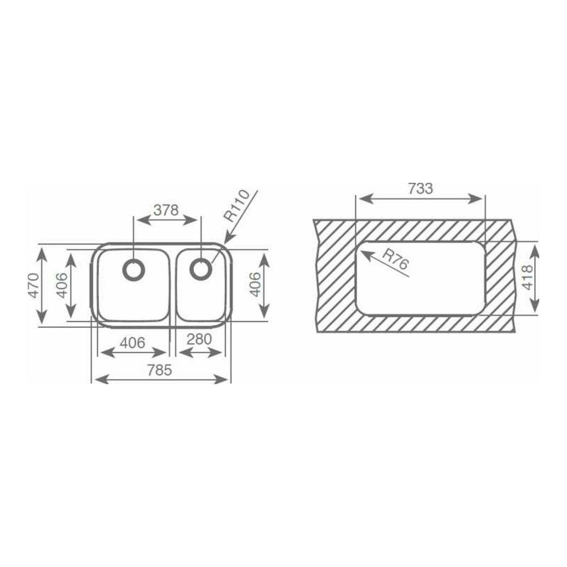 Plano técnico del fregadero Teka BE 2C 785, vista superior y sección lateral con medidas en gris.