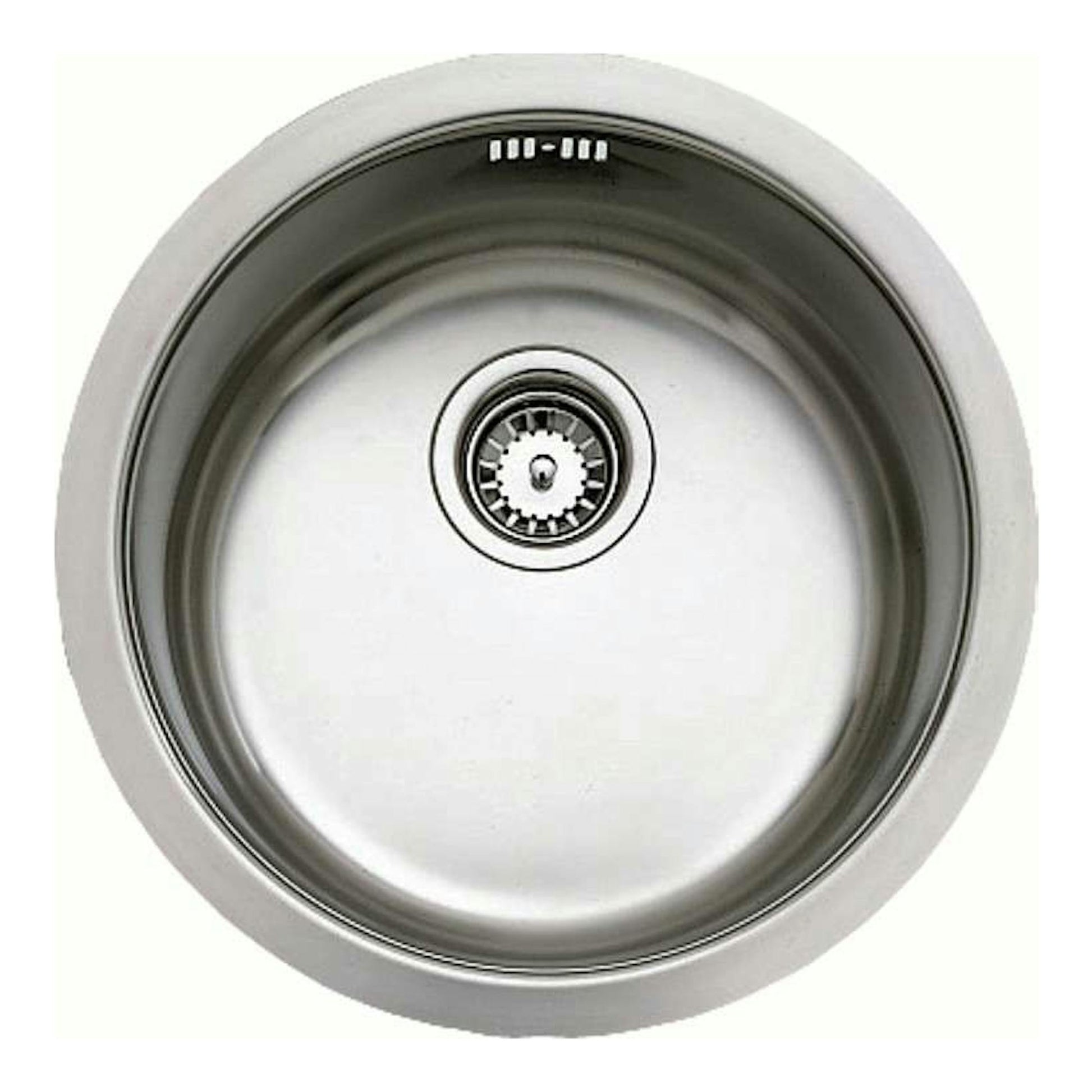 Fregadero redondo de acero inoxidable Teka BE 39 Inox, vista cenital, con desagüe central.