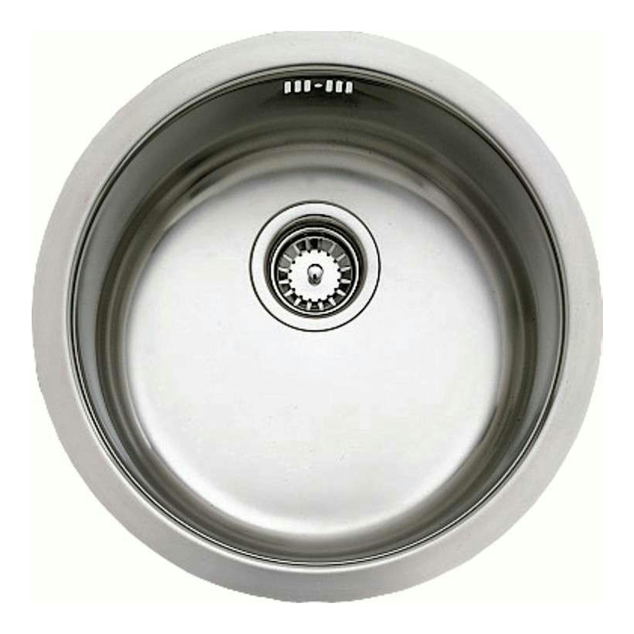 Fregadero redondo de acero inoxidable Teka BE 39 Inox, vista cenital, con desagüe central.