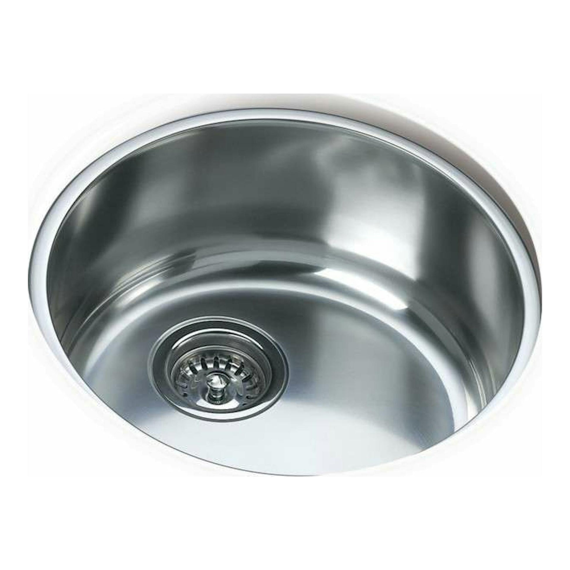 Fregadero Teka BE 39 Inox redondo de acero inoxidable, vista superior, con desagüe visible.