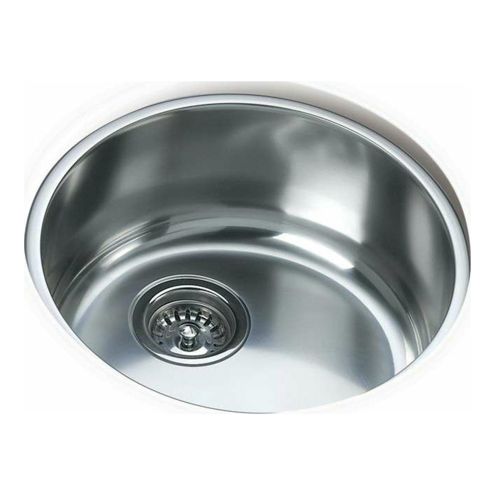 Fregadero Teka BE 39 Inox redondo de acero inoxidable, vista superior, con desagüe visible.