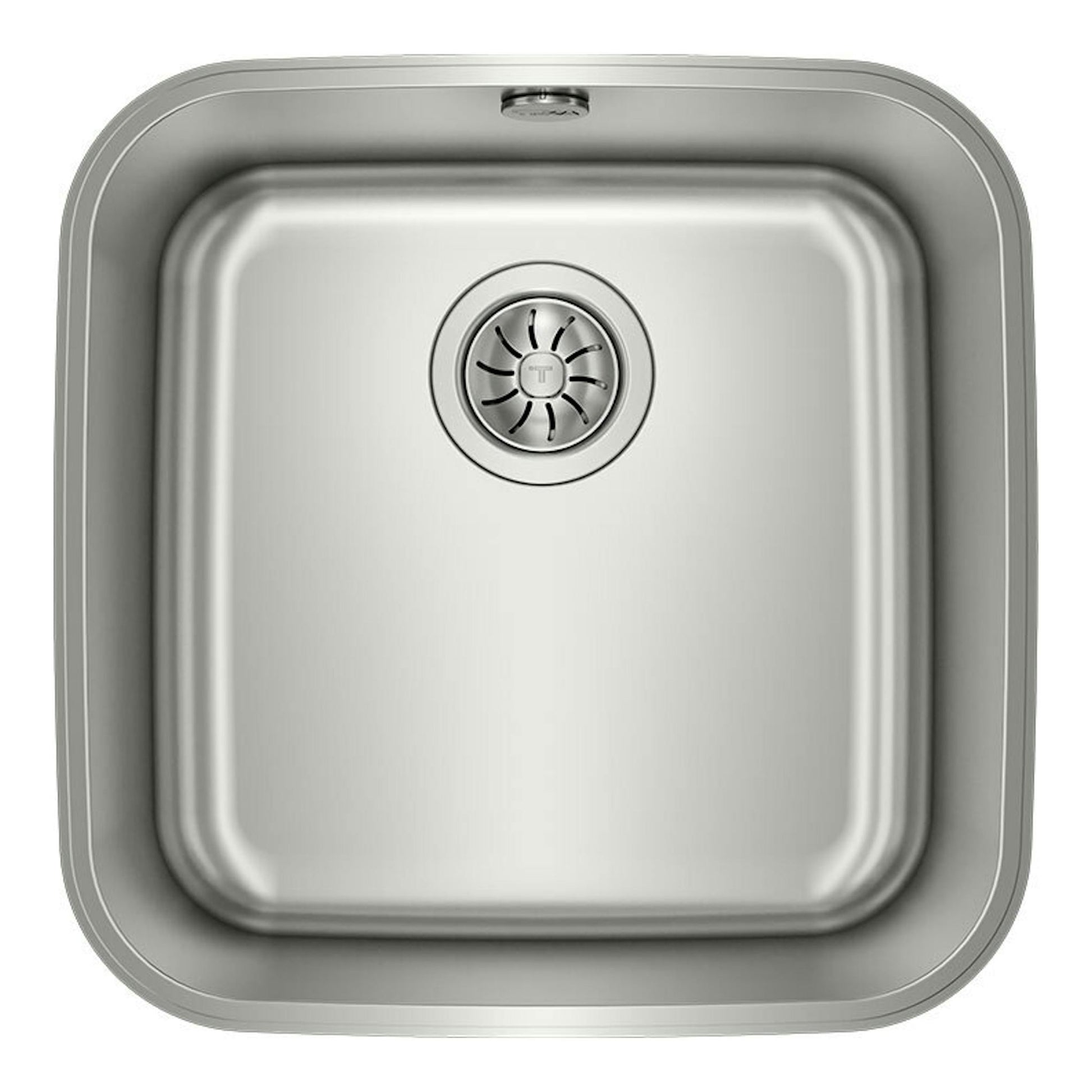 Fregadero Teka BE 40.40 Plus de acero inoxidable, vista superior, cubeta cuadrada con desagüe central.